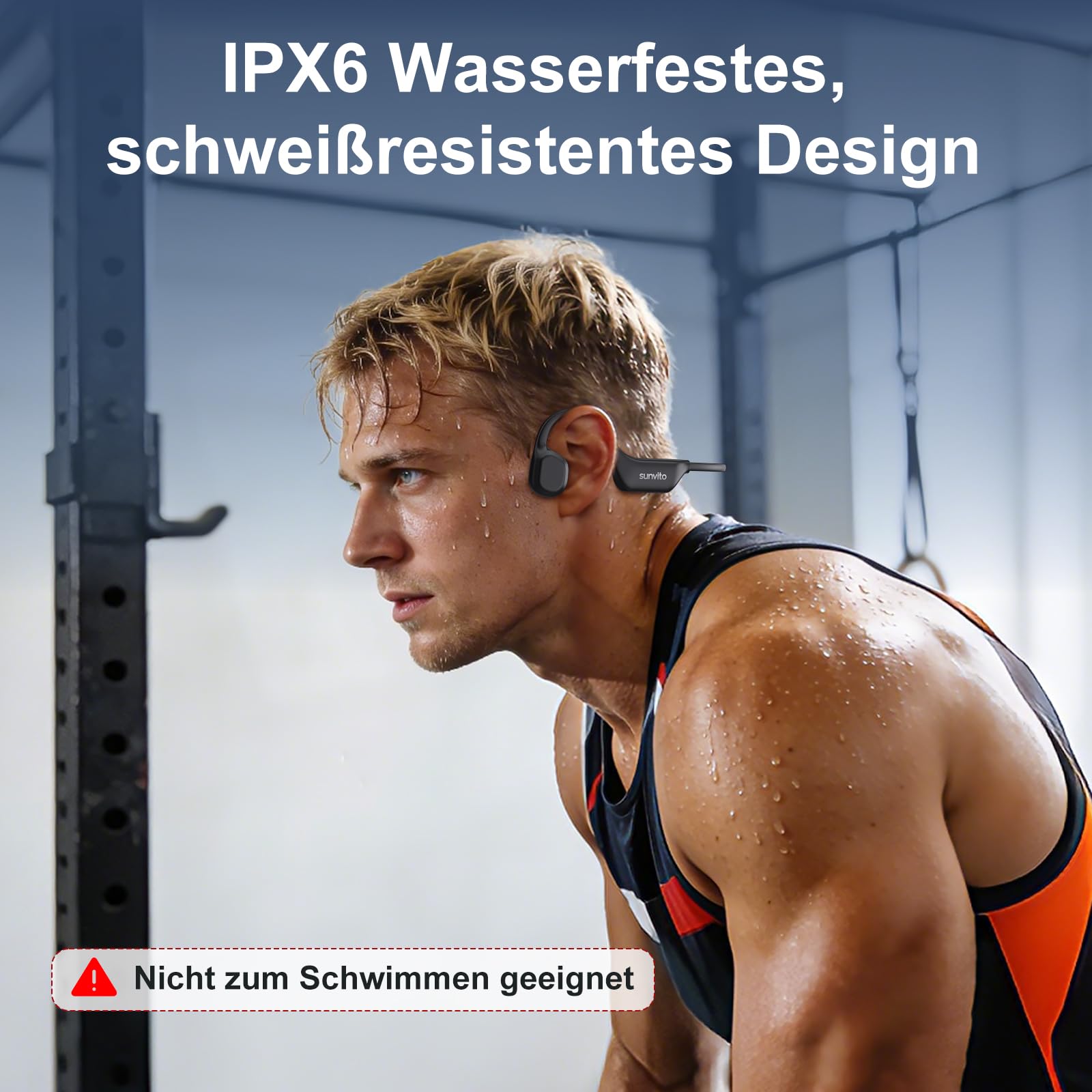 Knochenschall Kopfhörer Bluetooth 6.0, offene Bluetooth-Funkkopfhörer für Sport, wasserdichte, leichte Ohrhörer mit Ohrstöpseln für Laufsport, Fitnessstudio, Radfahren, schwarz