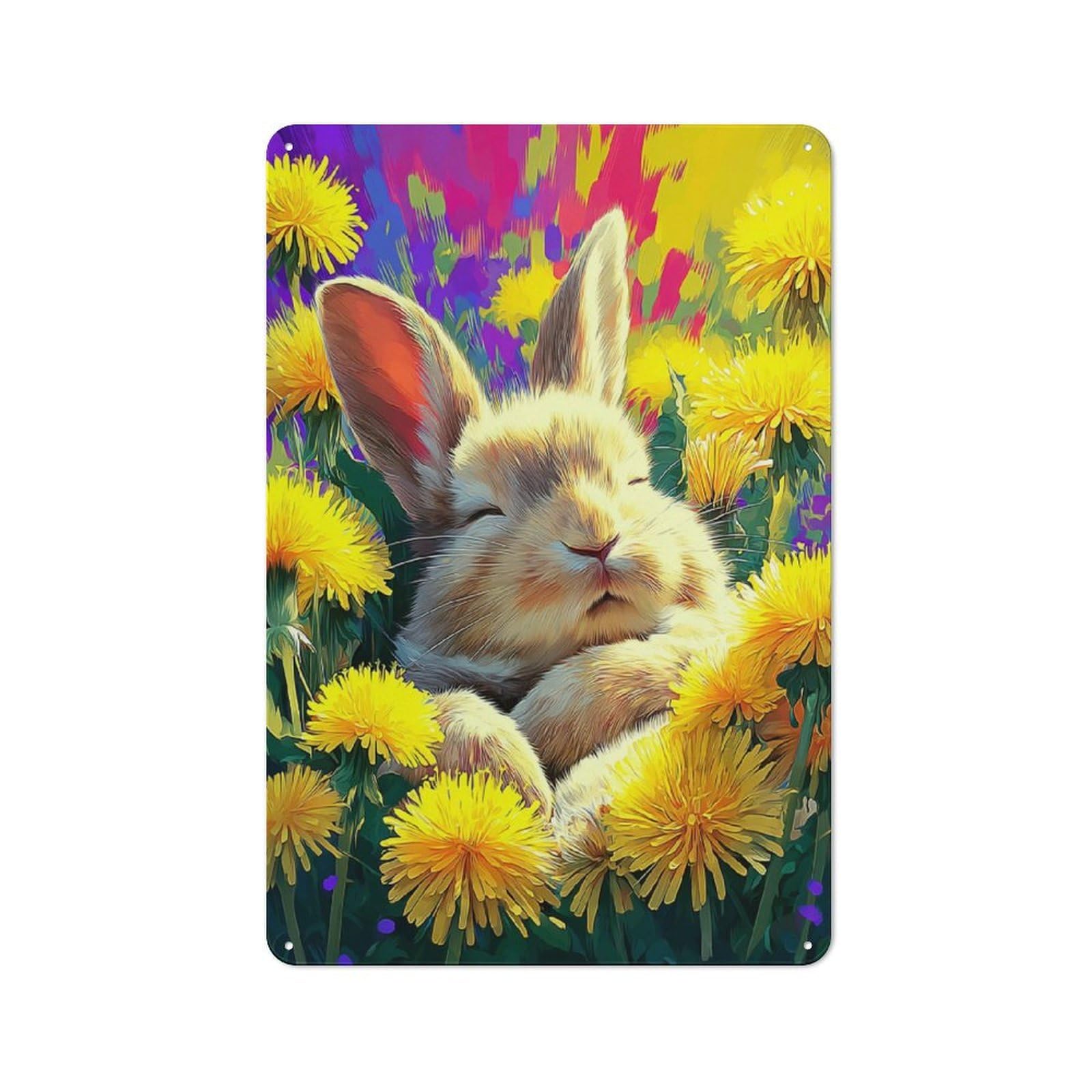 Junmoney Sleeping Bunny In Dandelion Field -6 Modern Vintage Metal Desk Wall Sign 30X20cm, Office Wall Decor For Office, Study, Studio Or Hallway