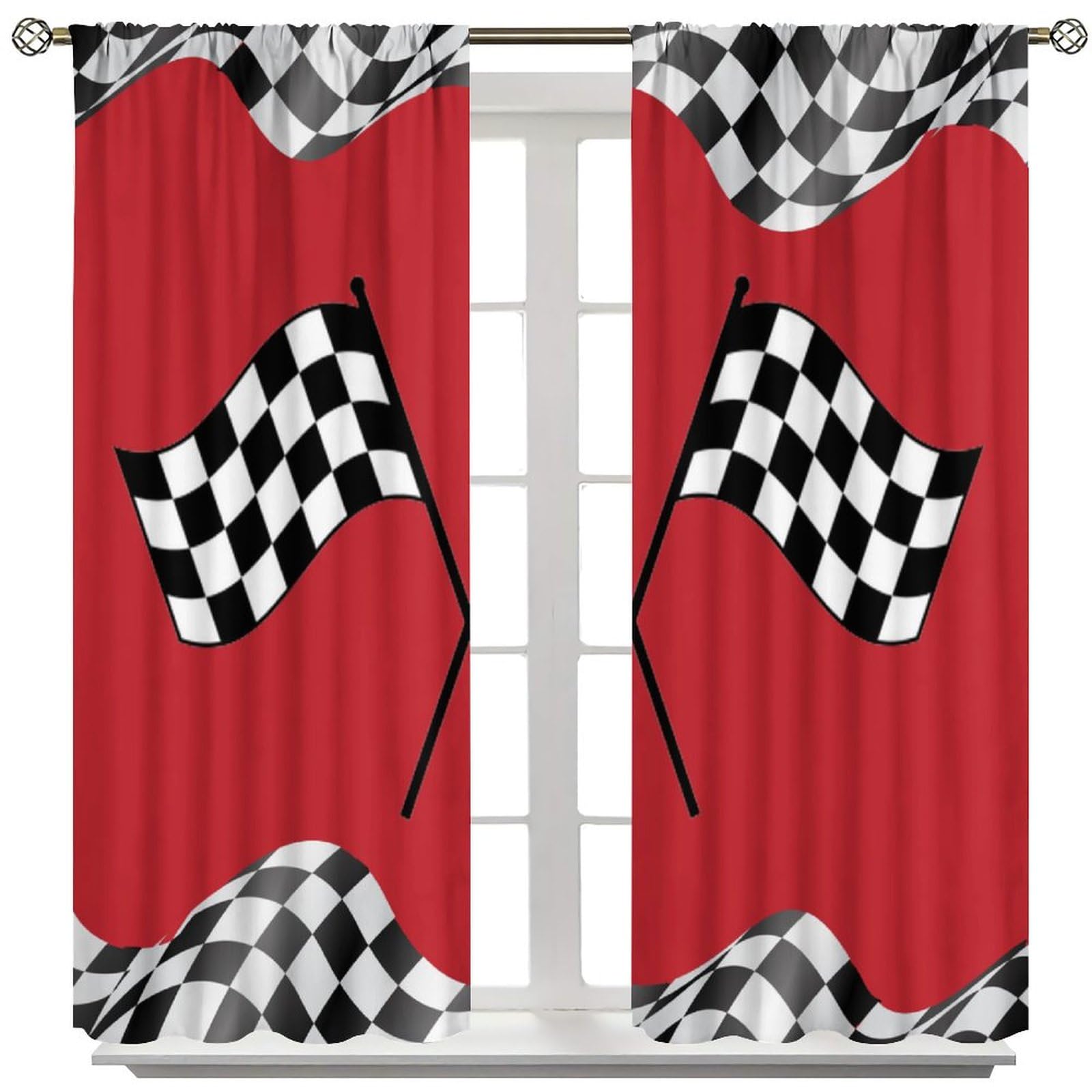 SHElifestyle Kids Racing Car Curtains, Racing Flag Red Window Treatments for Bedroom Black White Checkered Grid Game Theme Window Drapes for Girls