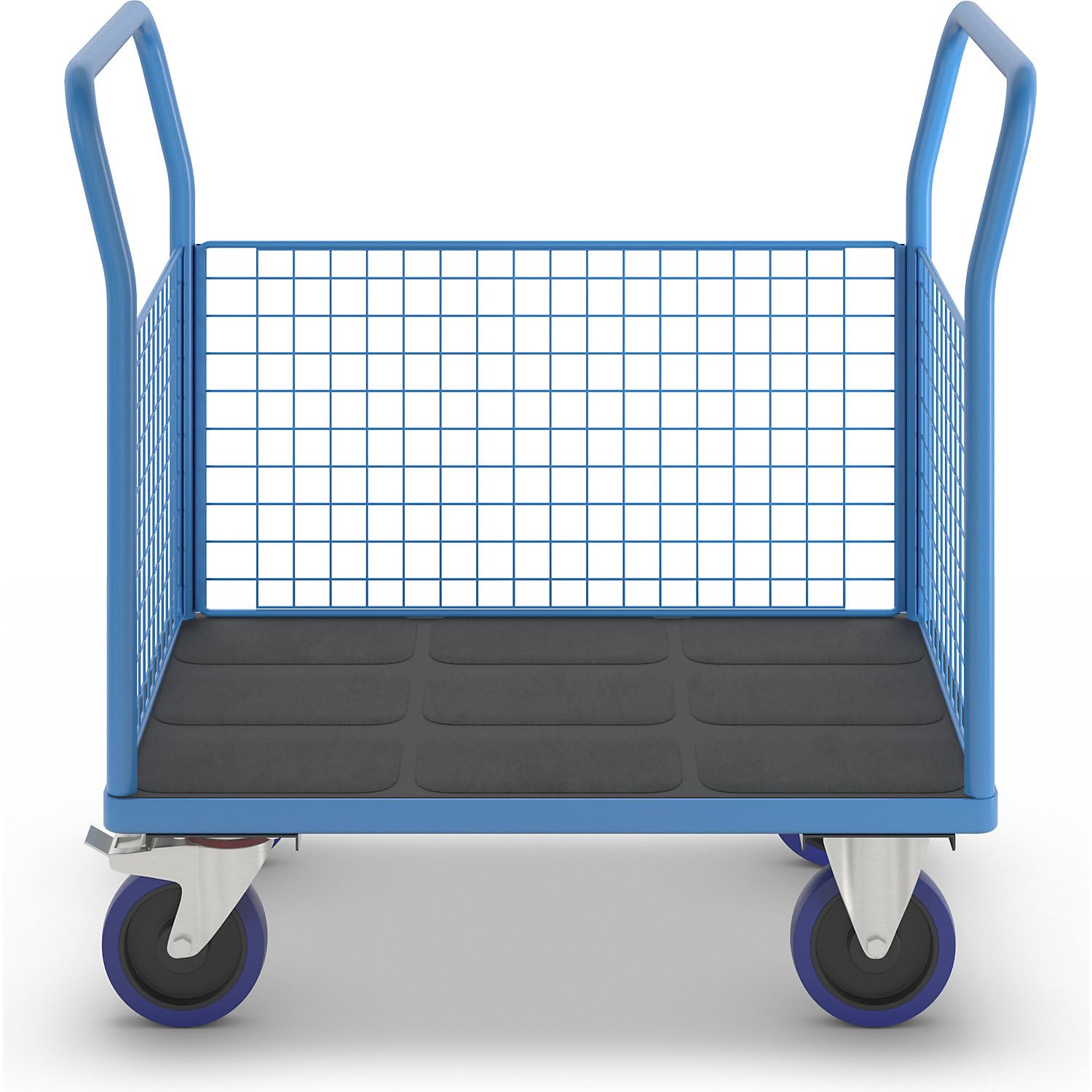 eurokraft pro | Plattformwagen mit Gitterwänden | Vollelastik-Rollen, 3 hohe Gitter, LxB 1000 x 675 mm