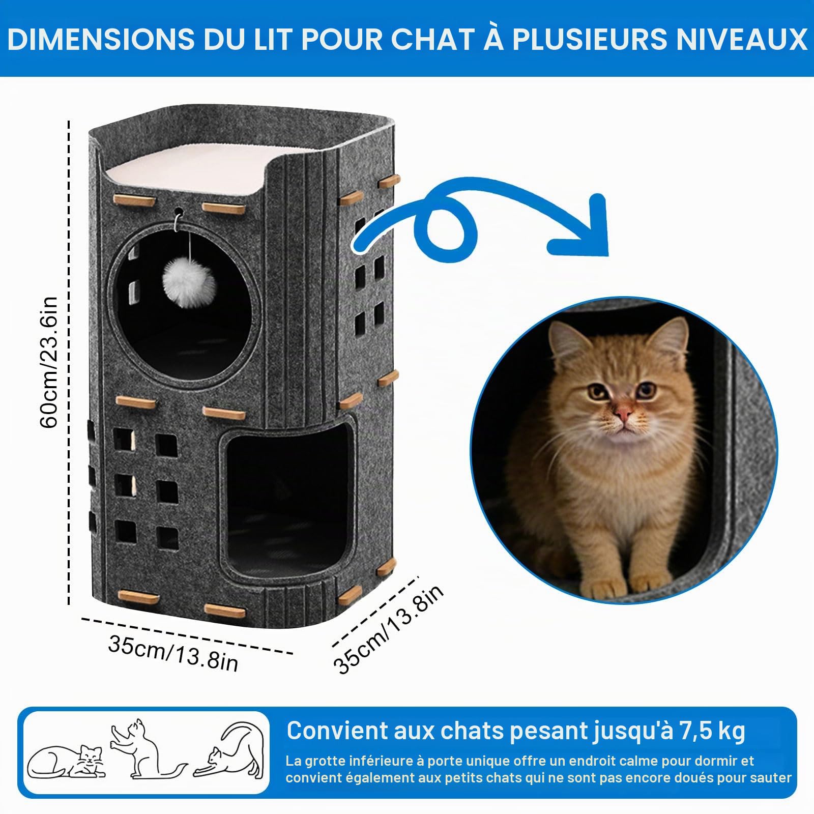 Niche pour chat en feutre, grand lit pour chat avec griffoir et balle de jeu, grotte pour l'intérieur des petits chats, protection des ongles de chat, cube d'intérieur pour chat, design chaud, gris