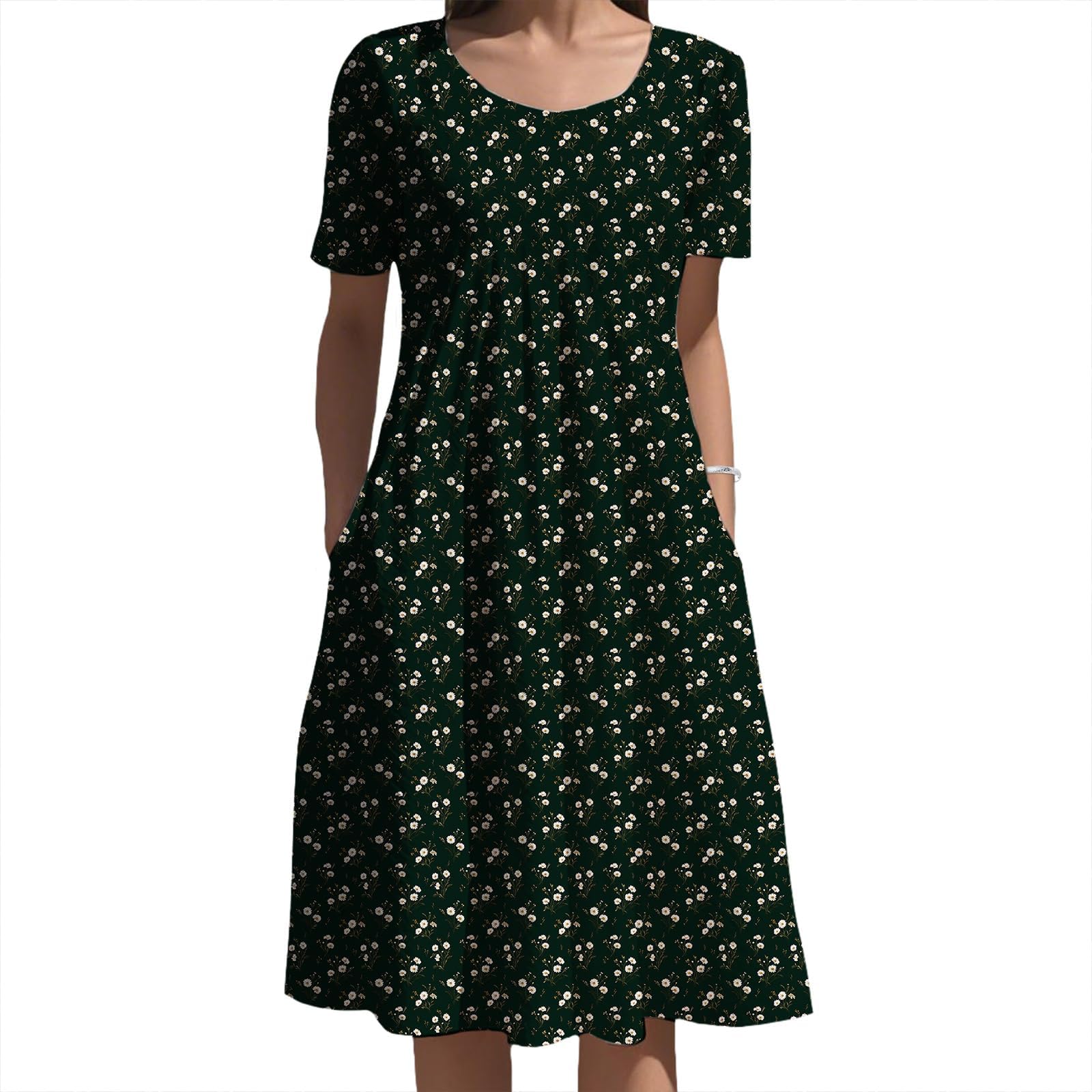 - 2026 Women's Easy Wear Sweet Dresses Crewneck Short Sleeve Loose High Waist A Line Beach Mini Dress with Pockets