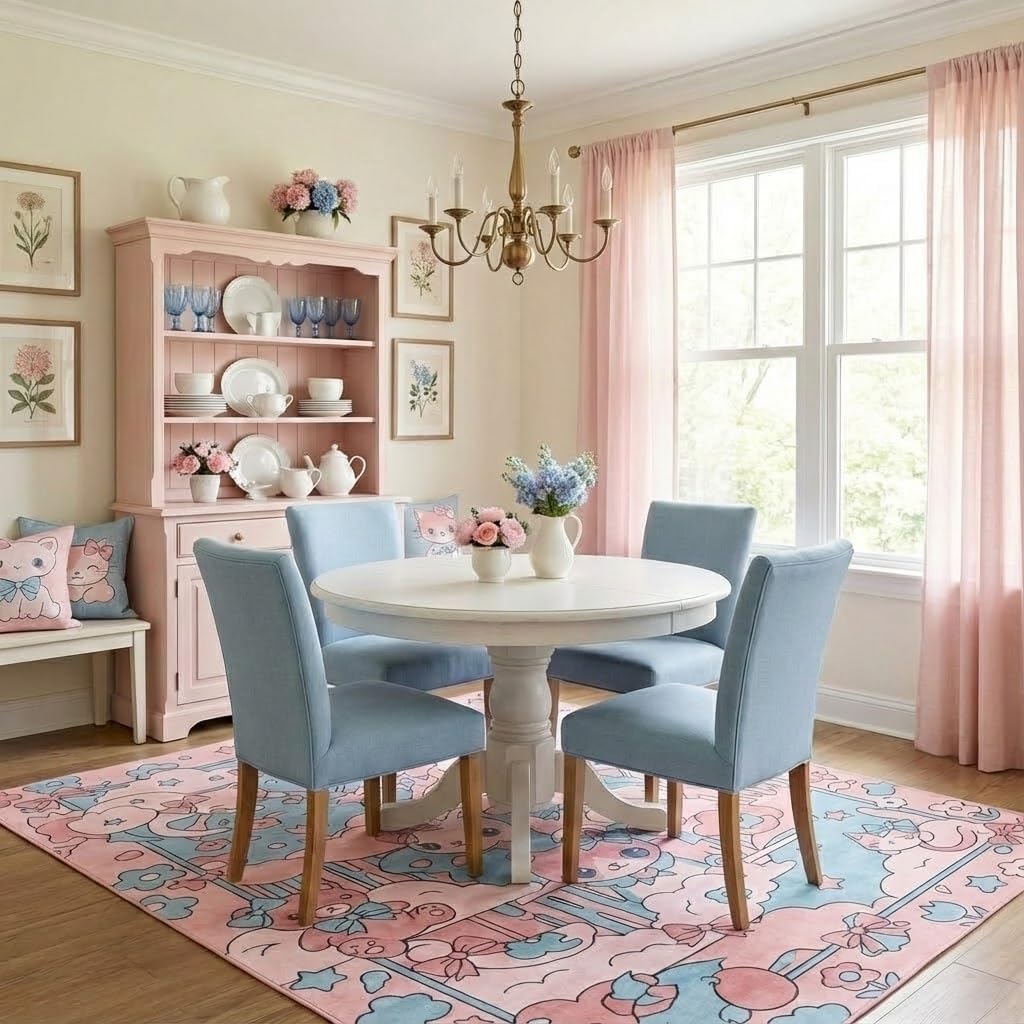 5X7 Area Rugs for Living Room, Machine Washable Non Slip Cartoon Rugs, Low Pile Lightweight Cute Cat Bow Floral Pink Rug for Kids Room,Bedroom, Dining Room