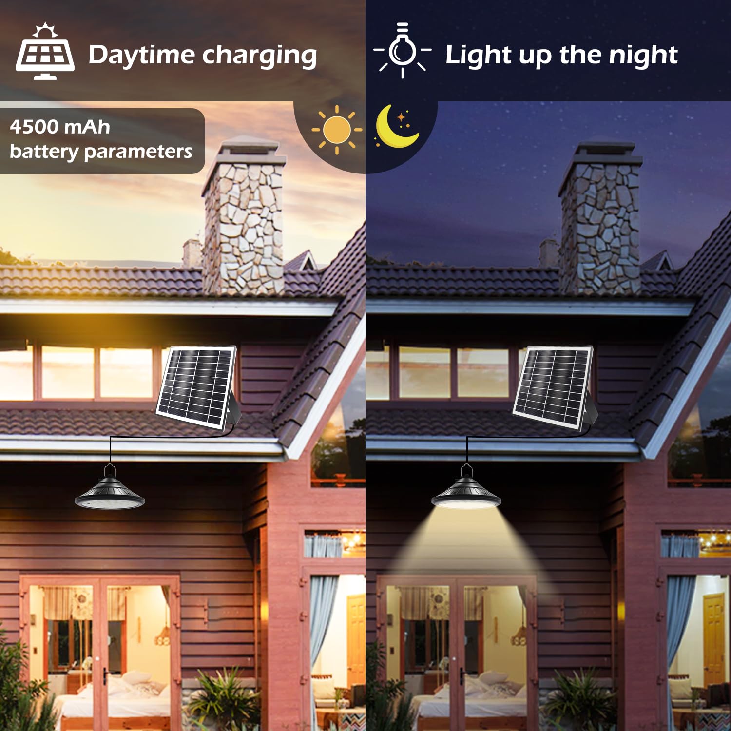 2 x Lámparas solares colgantes para exterior/interior, 4 modos luz solar interior casa regulable 4 Brillo IP66 impermeable cable 5 m, luz solar exterior para garaje,terraza, Jardin