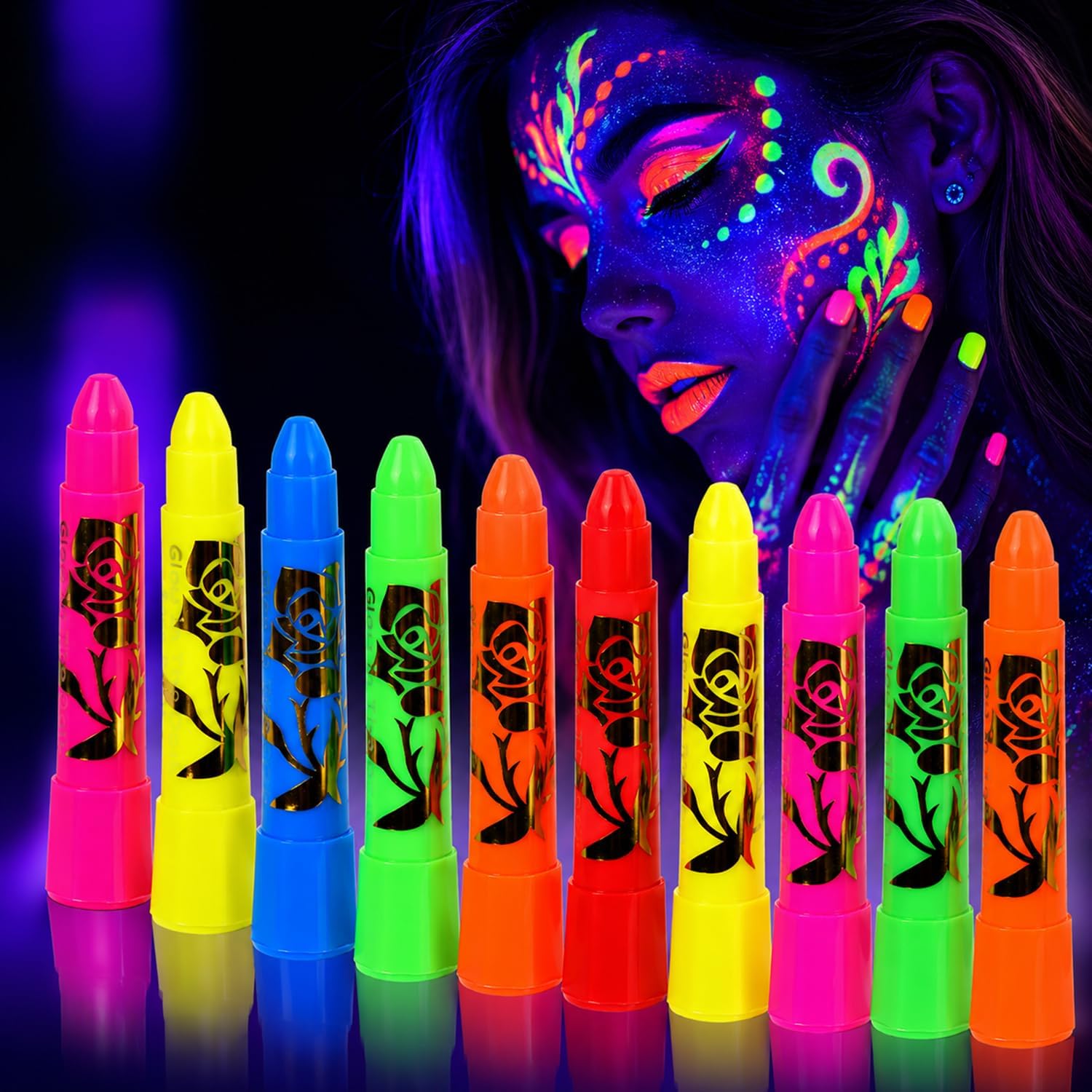 10 Colors UV Neon Face & Body Paint Sticks – Glow in The Dark Blacklight Makeup Crayons for Halloween, Festival, Cosplay, Rave Party & Kids Face Painting
