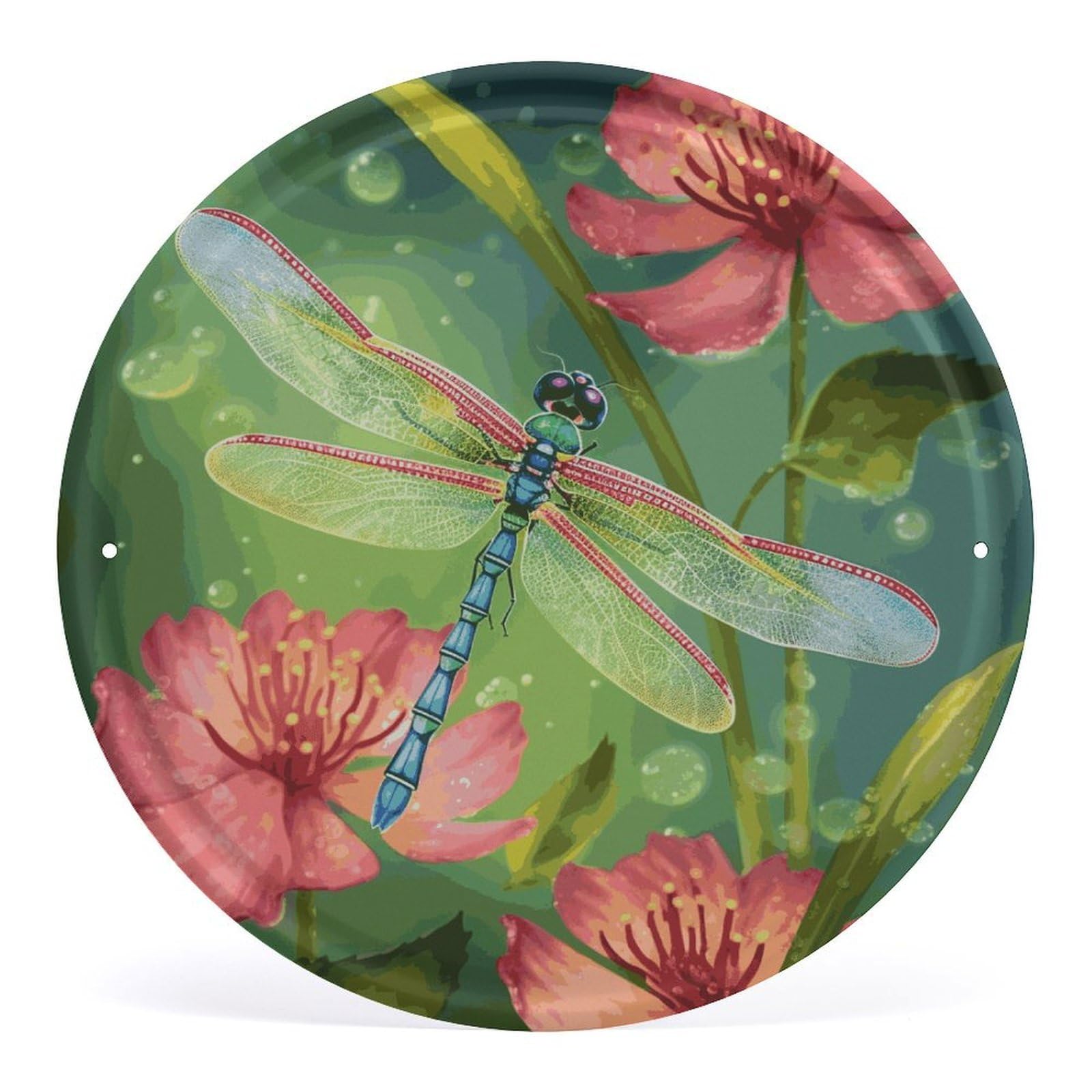 Fodpand Style Dragonflies And Flowers Round Wall Art Hanging Decorations, Wall Decor Modern Minimalist Artwork, Tin Sign Hanging Picture For Living Room, Bedroom, Office, Hallway, 11.8X11.8 Inch
