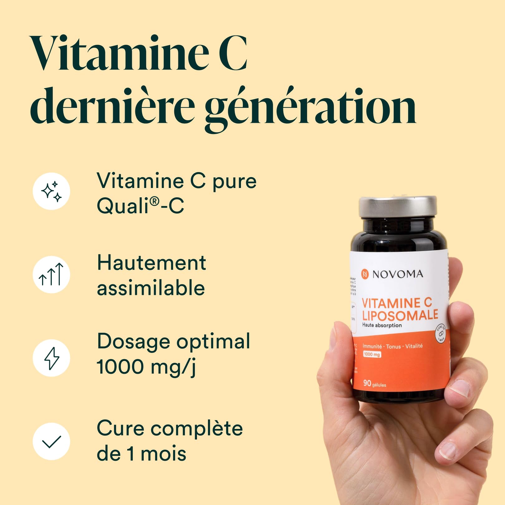NOVOMA Vitamine C liposomale 1000mg, Assimilation Maximale, 90 gélules végétales, 100% Vitamin Quali®-C, Système Immunitaire & Énergie Naturelle, Cure de 1 mois, Fabriqué en France