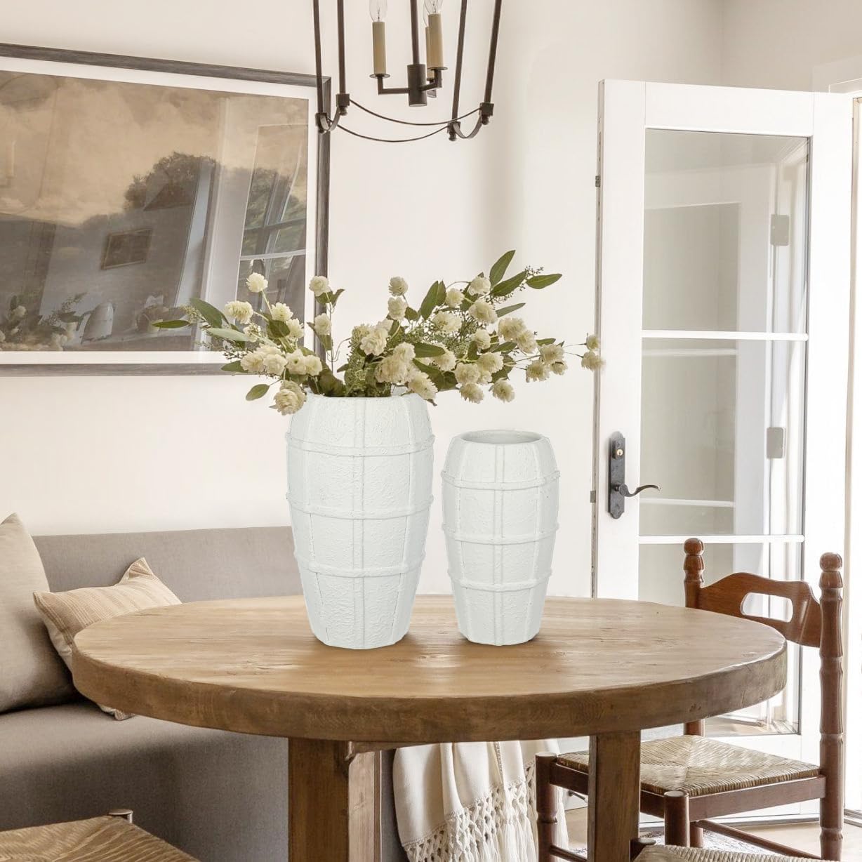 Briful Rustic Terracotta Flower Vase for Home Decor – 9" White Farmhouse Textured Barrel-Style Ceramic Vase Vintage Handcrafted Gridded Design for Faux & Dried Flowers Living Room Table Centerpiece - Image 5