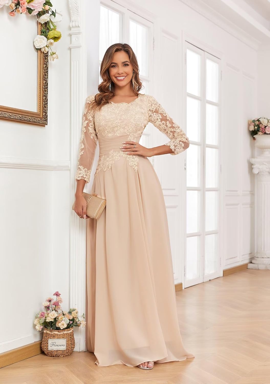 3/4 Sleeve Chiffon Mother of The Bride Dresses Women's Lace Applique Wedding Guest Gowns Mother of The Groom Dresses