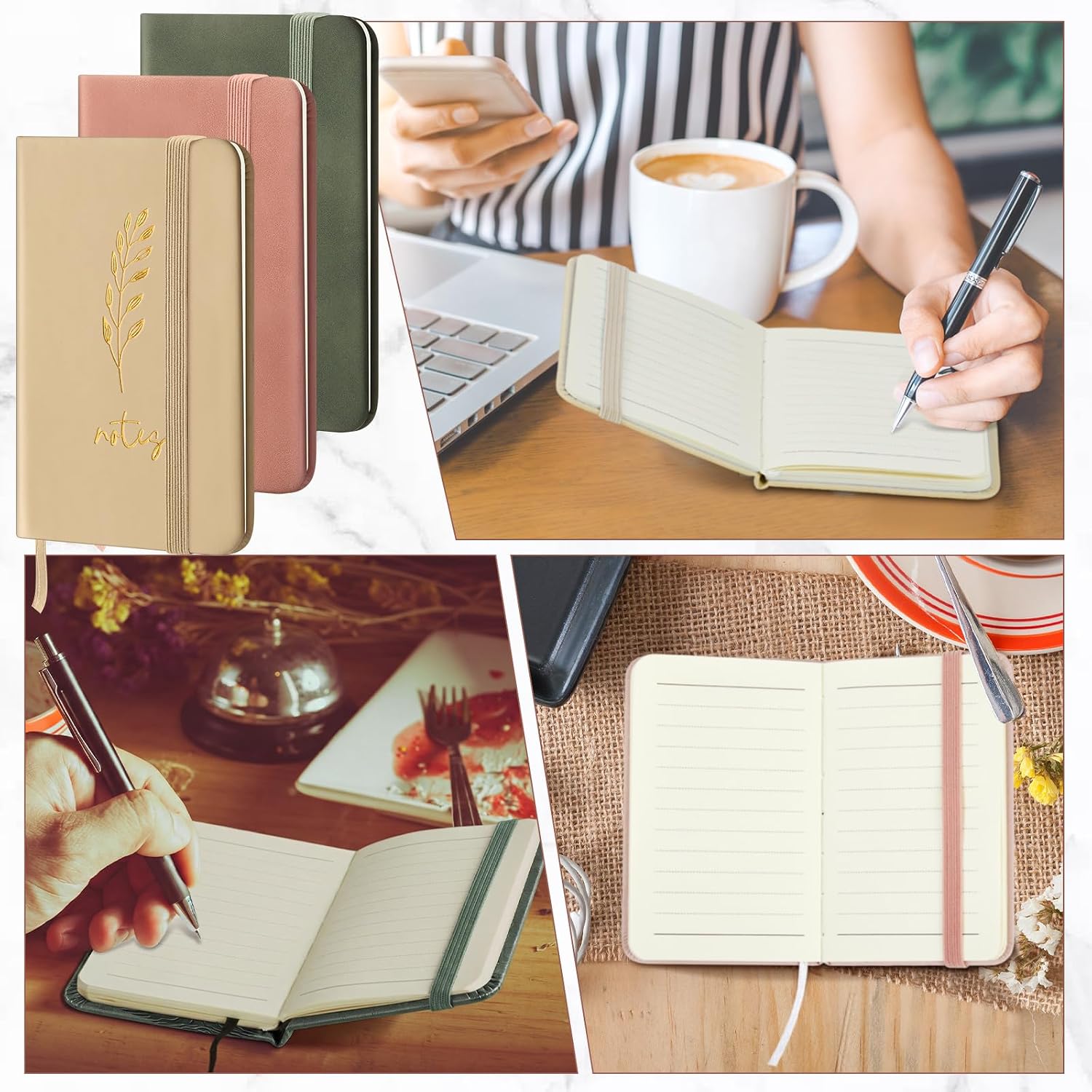 Qeeenar 10 Pcs Mini Pocket Notebook, Gold Foil Leaf, Green, Khaki, Pink image 5