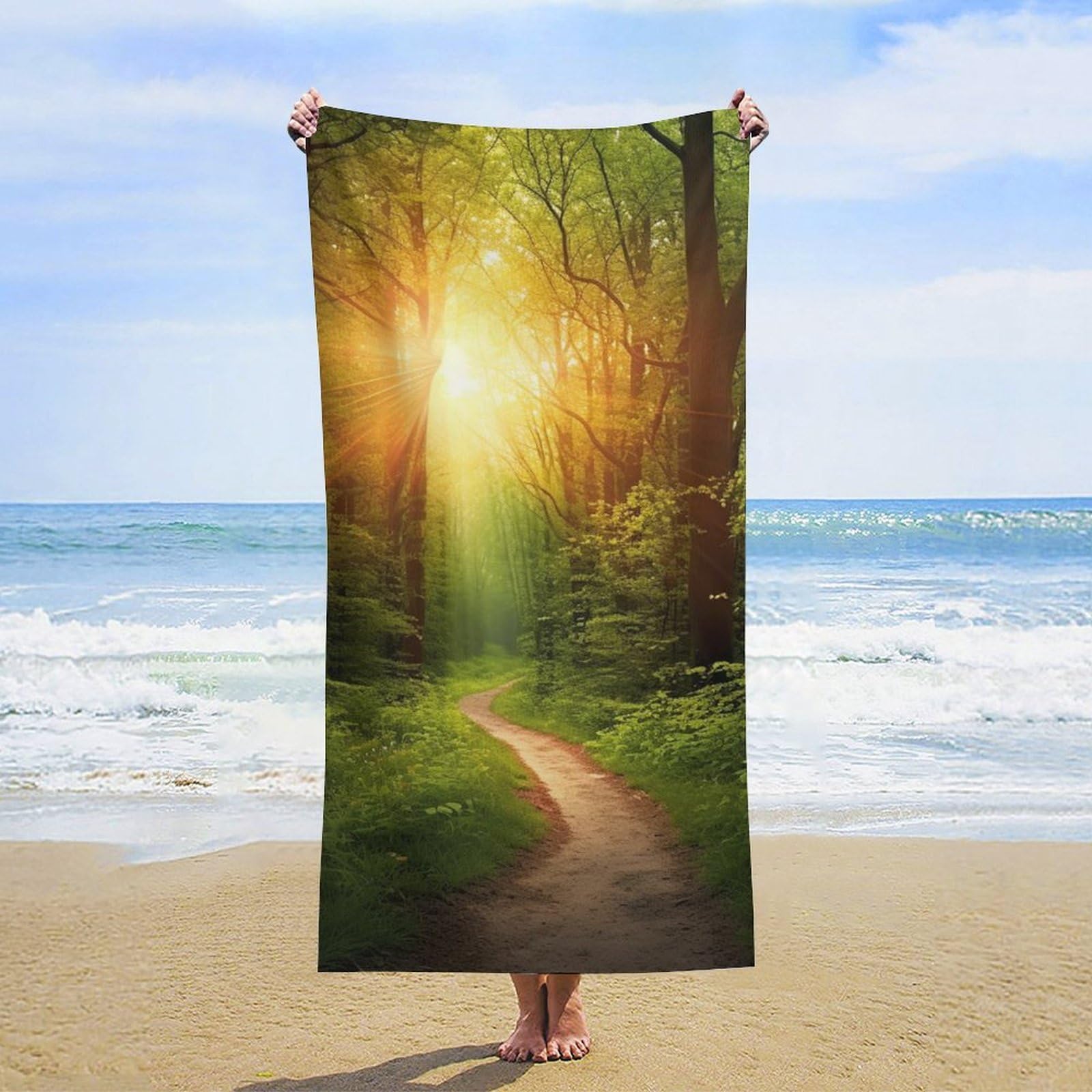 NTVOWPZO Sunrise on The Woods Path Beach Towel Oversized Microfiber Bath Towels Lightweight Sand Proof Beach Towels Absorbent Pool Towels for Swimming Yoga Bathroom Towel 31.5" X 63"