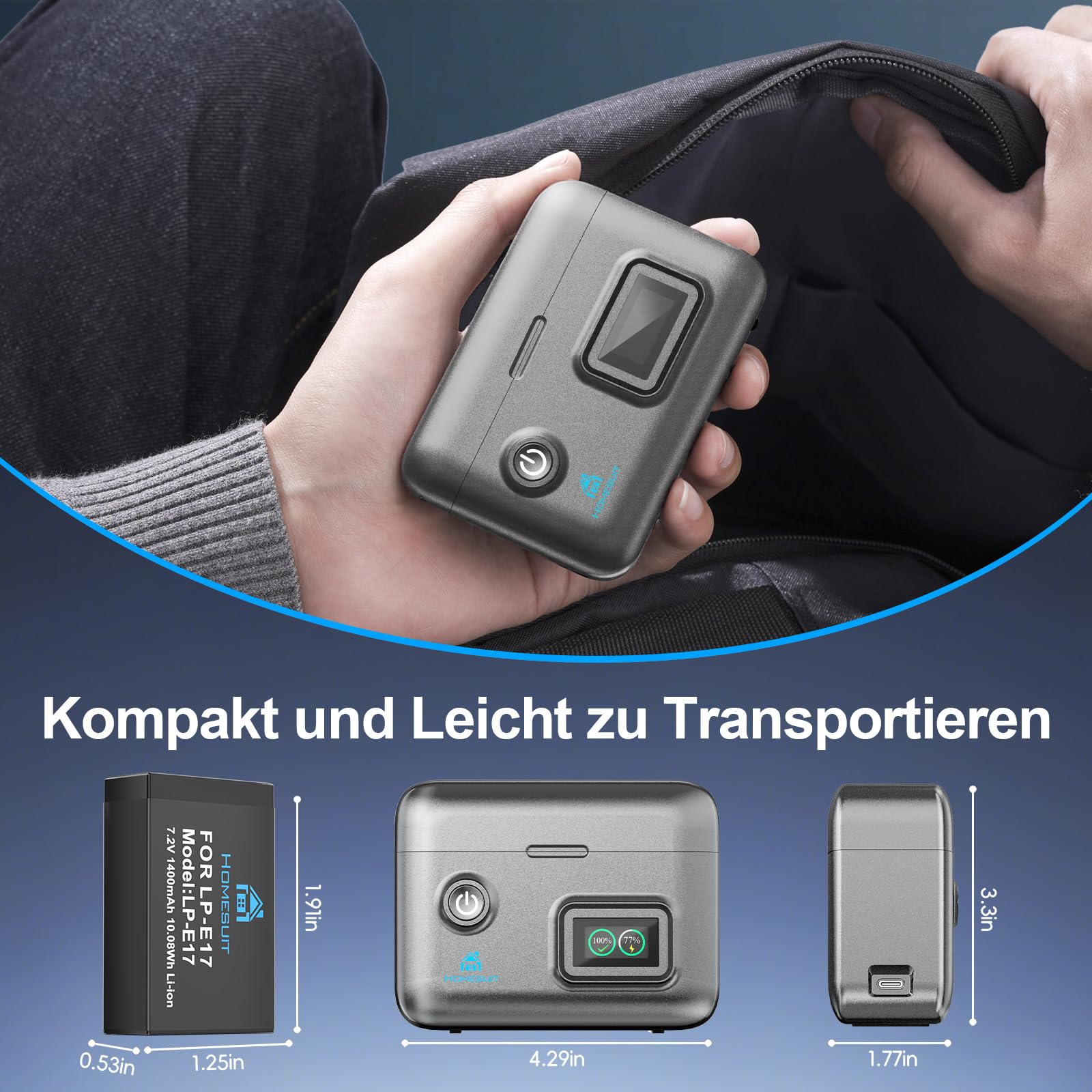 Homesuit LP-E17 Akku 1400mAh & Dual USB LCD Ladegerät Kit für Canon EOS R10, RP, Rebel SL3, SL2, T8i, T7i, T6i, T6s, EOS M3, M5, M6, EOS 200D, 77D, 750D, 760D, 800D, 8000D Kamera (2er-Pack)