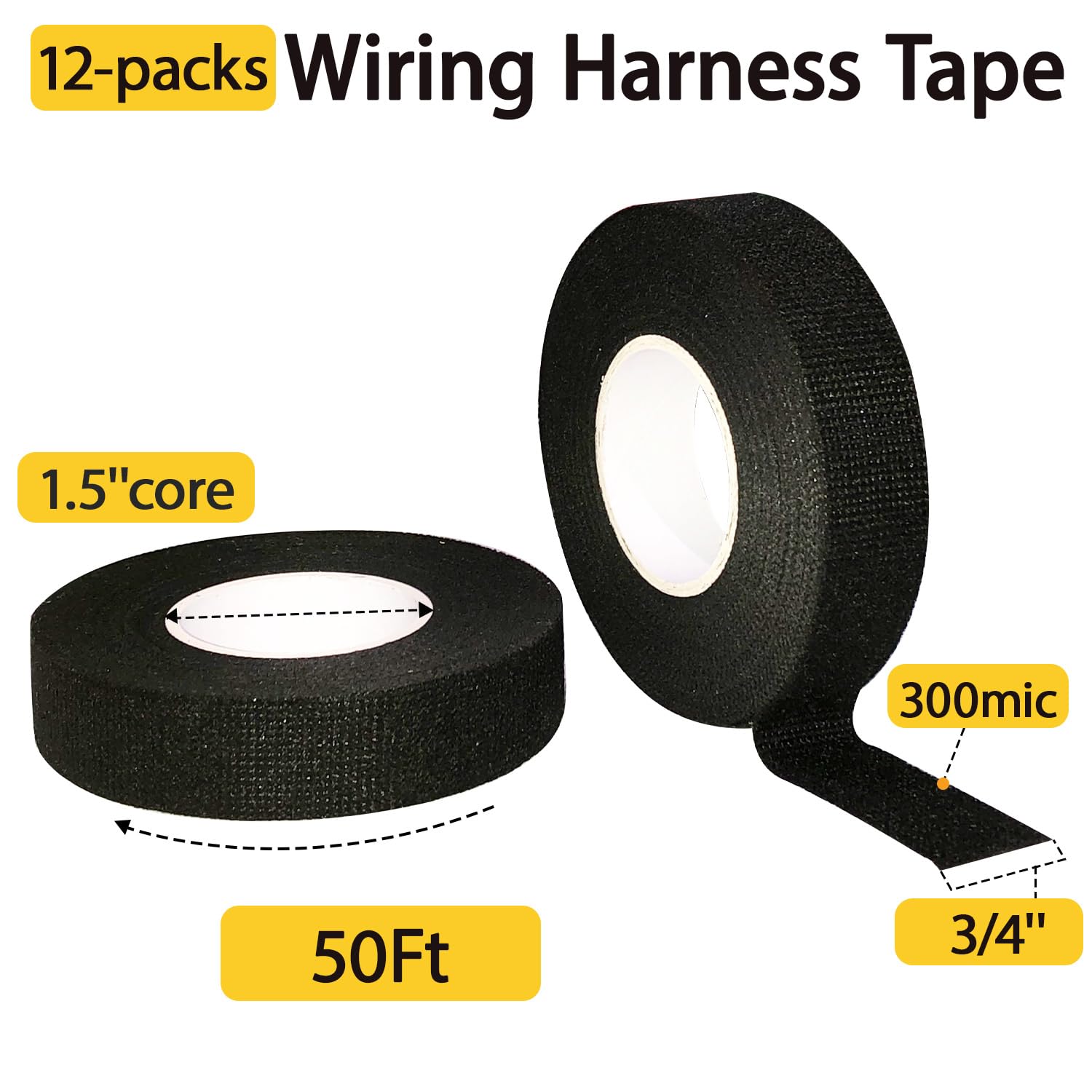 12-Pack Wiring Harness Tape 3/4'' x 50Ft high Temp Wire Loom Harness,Cloth Electrical Tape,self-Adhesive Fabric Tape for Automotive, Industrial Equipment,Noise Damping, Indoor Wire Equipment