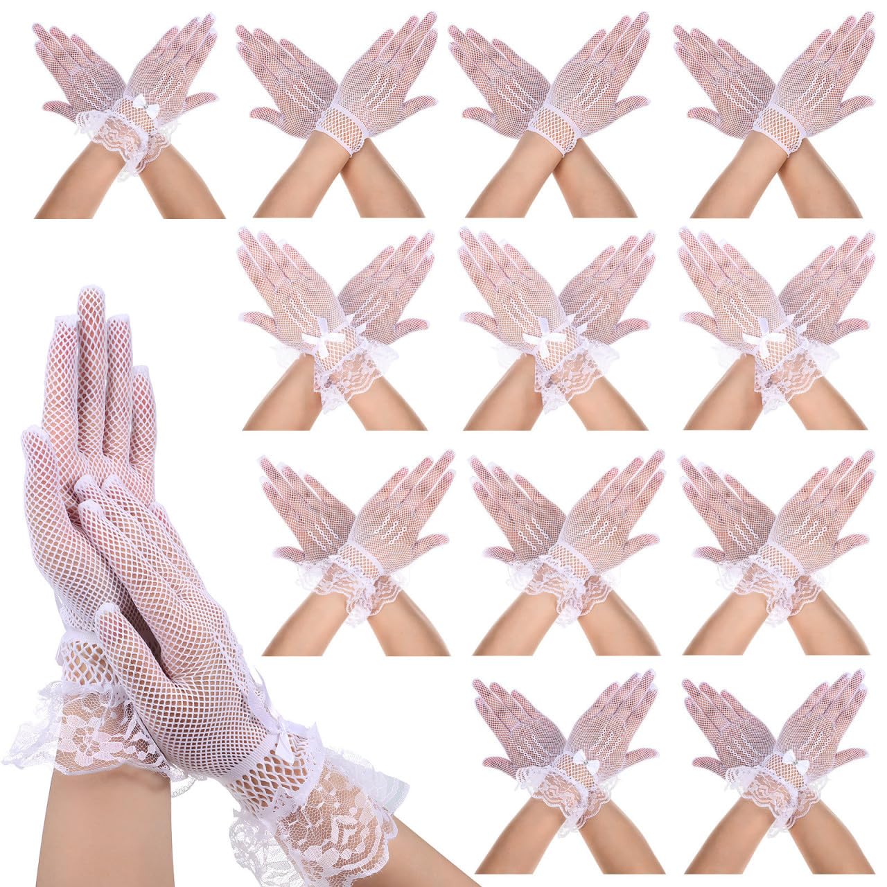 12 Pares de Guantes de Novia de Tul y Encaje Blanco para Boda, Diseño de Malla de Poliéster Lazos y Piedras para Fiesta y Té