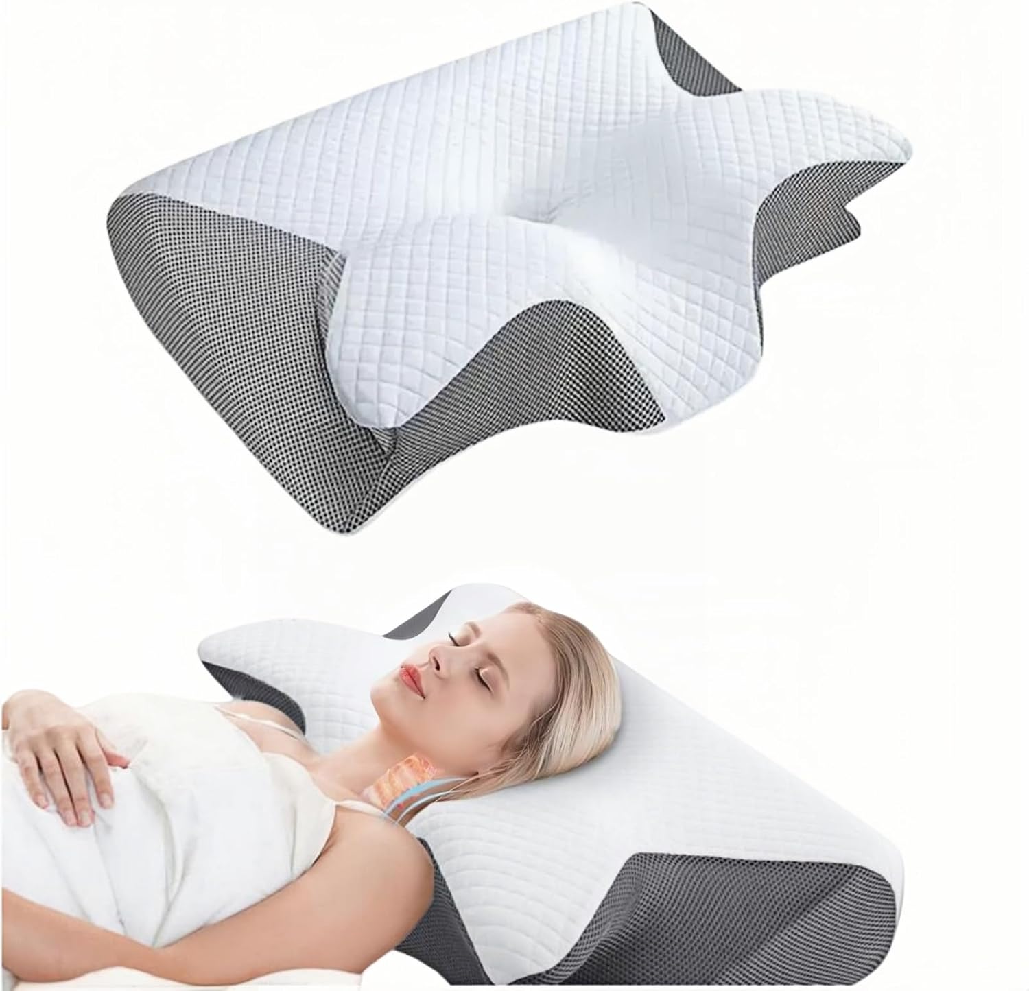 Soft Contour Memory Foam Pillows, Ergonomic Pillow, Cervical Pillow for Neck Pain Relief, Provide Neck Support, Improve Sleep Quality, Suitable for Supine Side Sleepers (Grey and White)