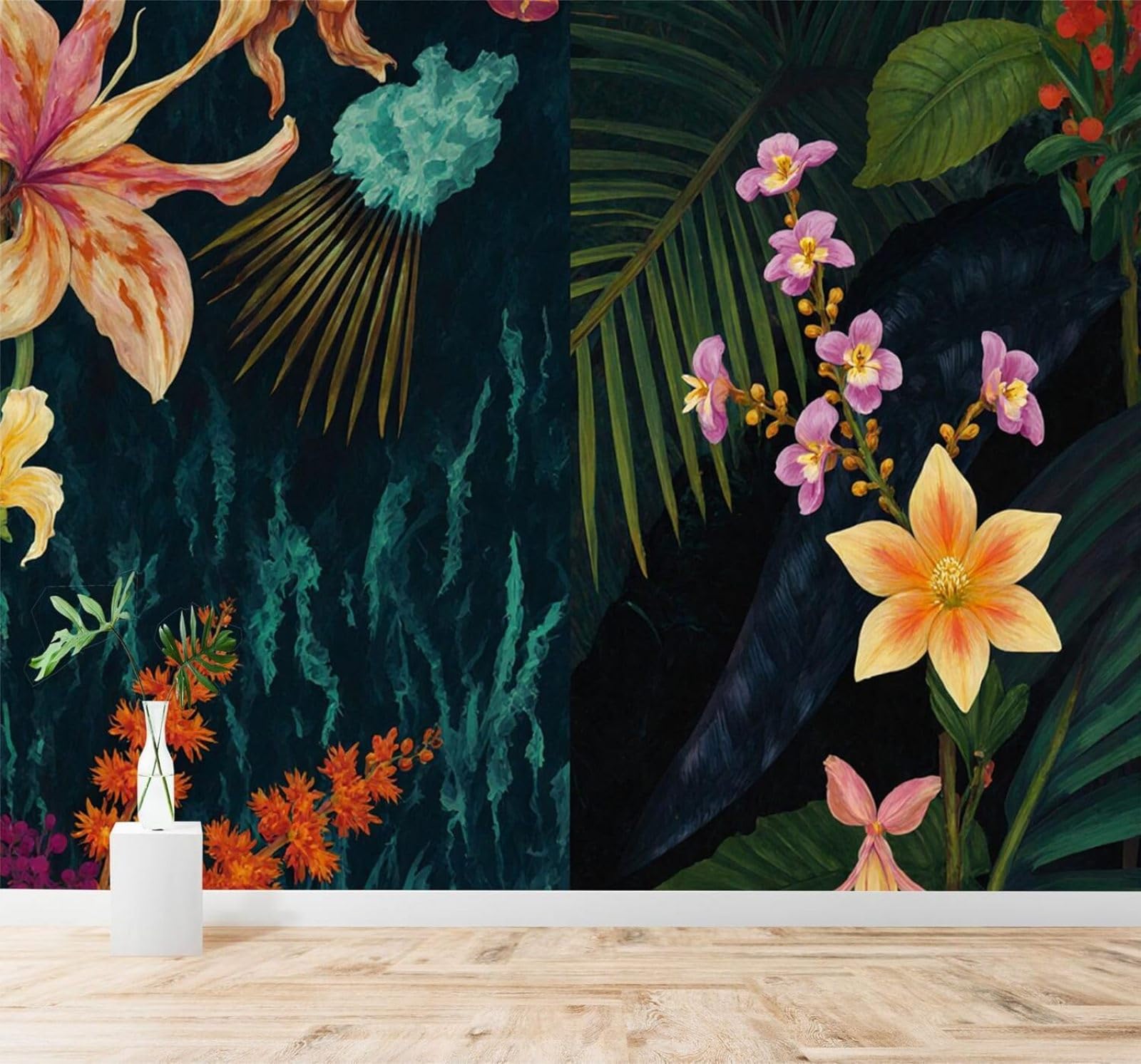 Xlming 350Cm×256Cm(B×H) Tropical Jungle Flowers Palm Leaves Dark 3D Wallpaper Premium Textured Silk Study Dining Living Room Bedroom Sofa Tv Wall Easy Install-350Cm×256Cm