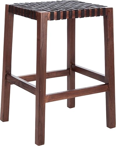 SAFAVIEH Home Capri Taburete de madera y cuero marrón de 27 pulgadas