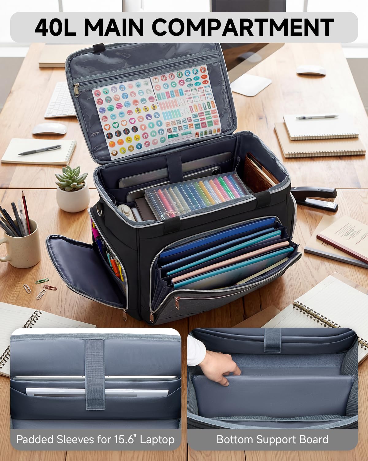 Amythe Lehrertasche mit Rollen Damen mit Akkordeon-Aktenordner, Abnehmbarer Trolley mit 5 Rädern mit Gepolsterten Taschen für 15.6 Zoll Laptop Reisen/Schule/Büro, Schwarz