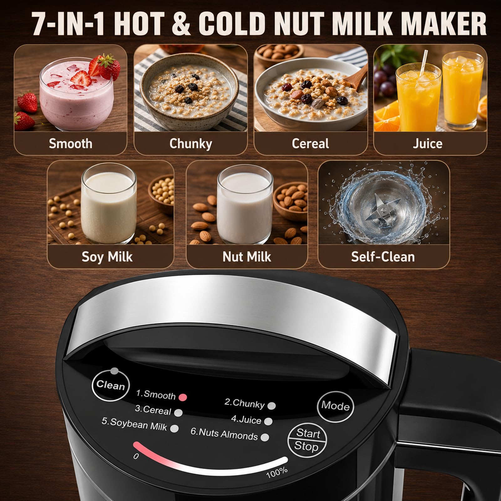 Macchina Automatica per Latte Vegetale 1,2 L, 7-in-1 con Avanzamento LED | 4 Lame in Acciaio Inox, Autopulizia 180 Sec. e 25.000 Giri/Min per Latte di Mandorla, Avena, Porridge e Creme