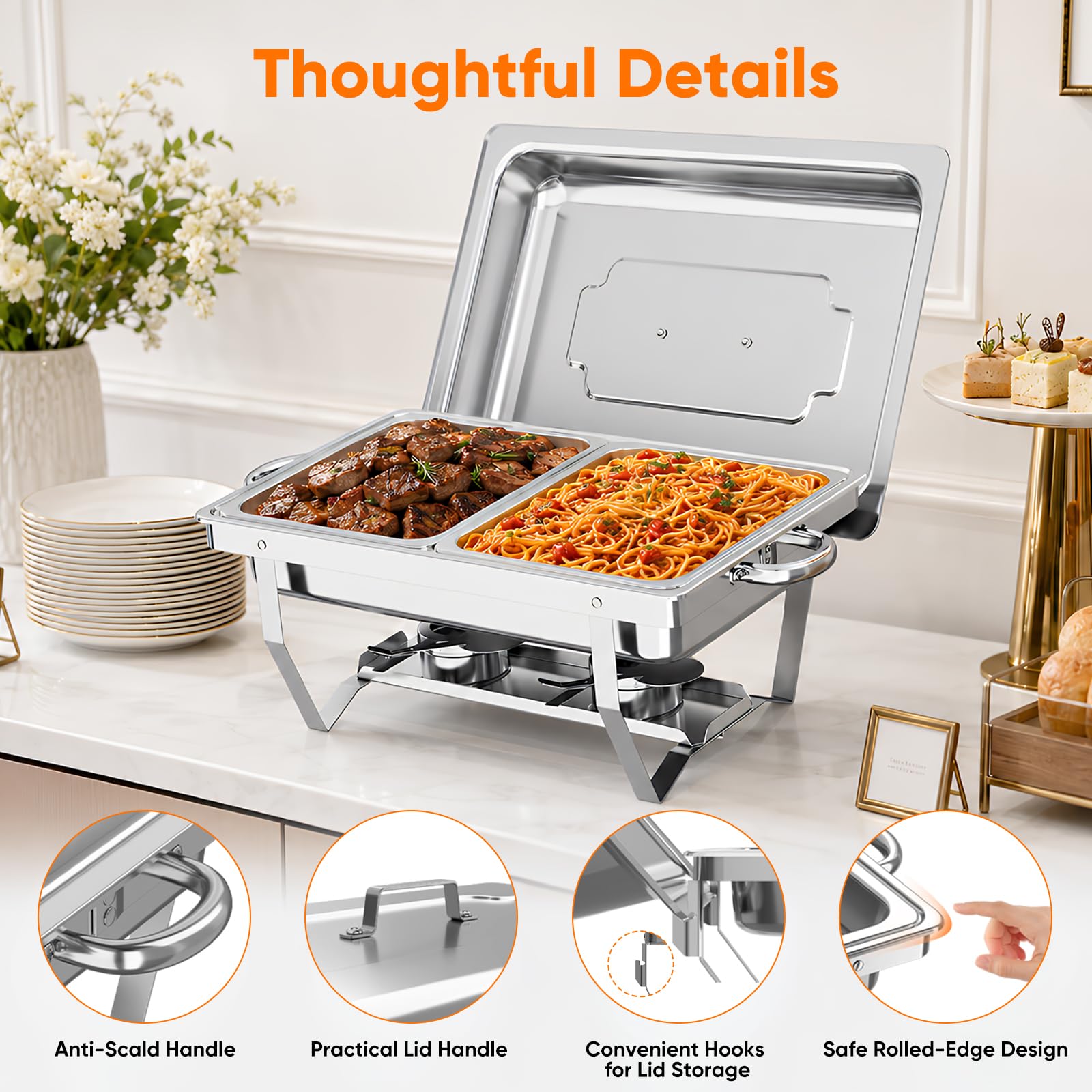 Chafing Dish Buffet Set 9L, 2pcs Edelstahl Warmhaltebehälter mit Deckel Lebensmittelpfannen und Brennstoffhaltern, Speisenwärmer für Catering, Buffet und Party Speisenwärmer