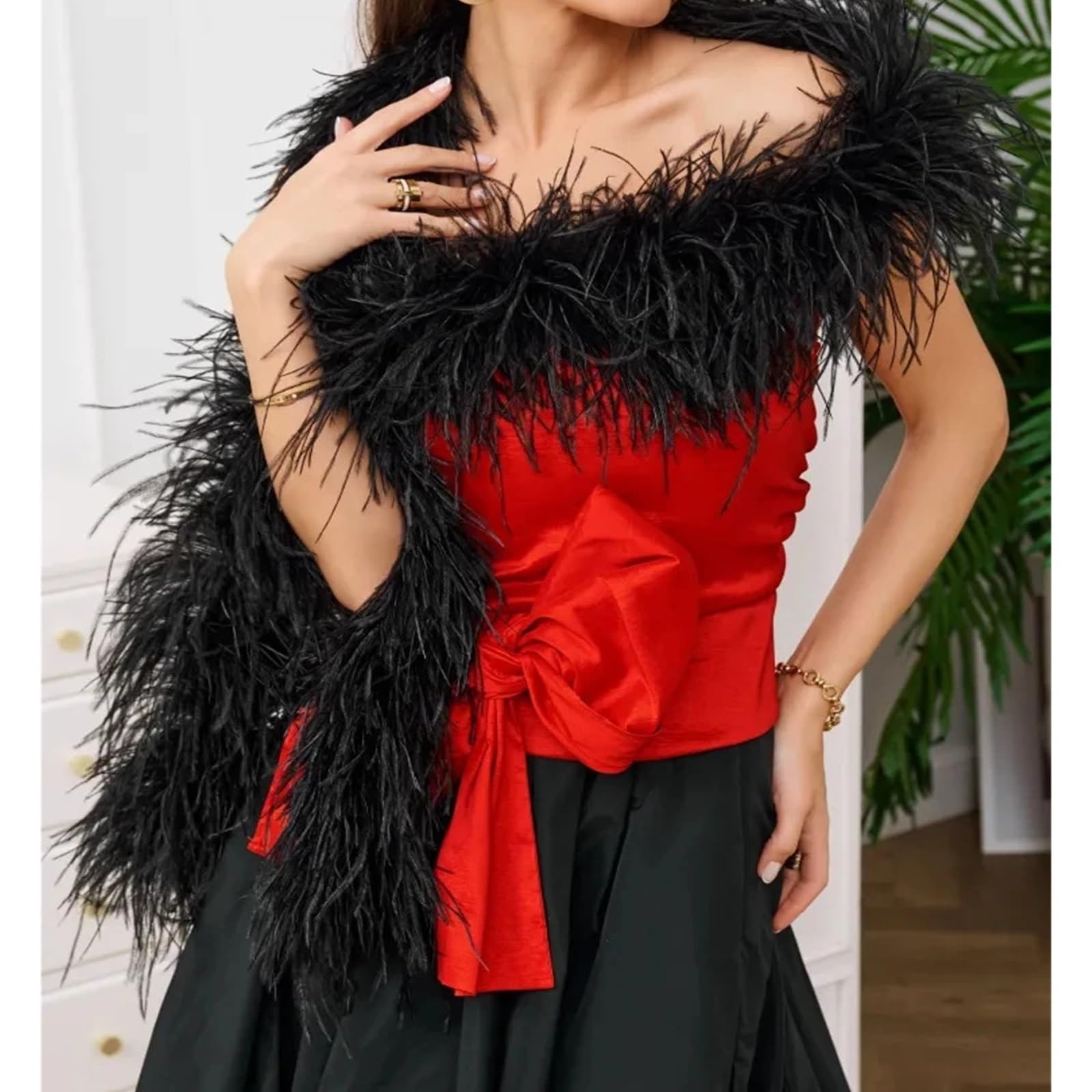 Bunte Federboas Weiße Schwarze Straußenfedern-Boa, Flauschige Federn for Hochzeit, Kleidung, Schal, Tasche, Dekoration, Nähen, Basteln(Rose Red)