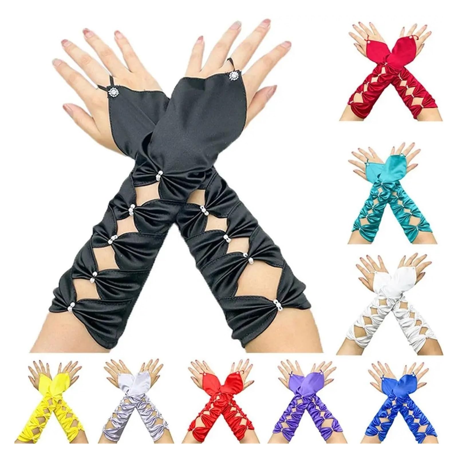Guantes De SatéN Guantes de novia de boda elástico largo satén plisado Bowknot codo verde azulado guantes sin dedos fiesta de noche guantes de niña