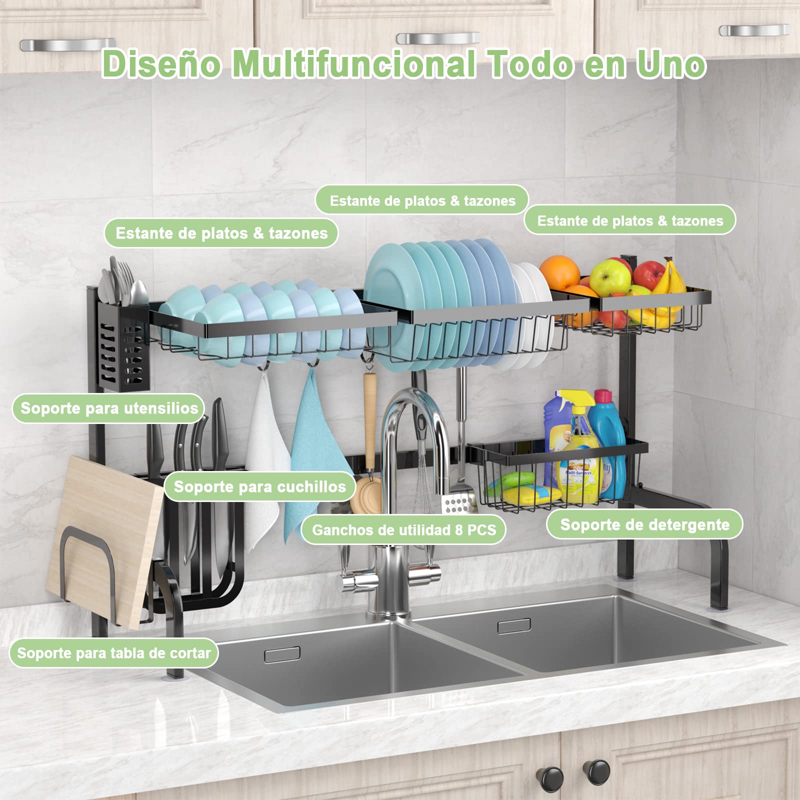 COSTWAY Escurridor de Platos, Escurreplatos sobre el Fregadero, Escurreplatos Ajustable en 2 Niveles (53-99 cm), Acero Inoxidable 4 Cestas y 8 Ganchos, Soportes para Utensilios y Cuchillos