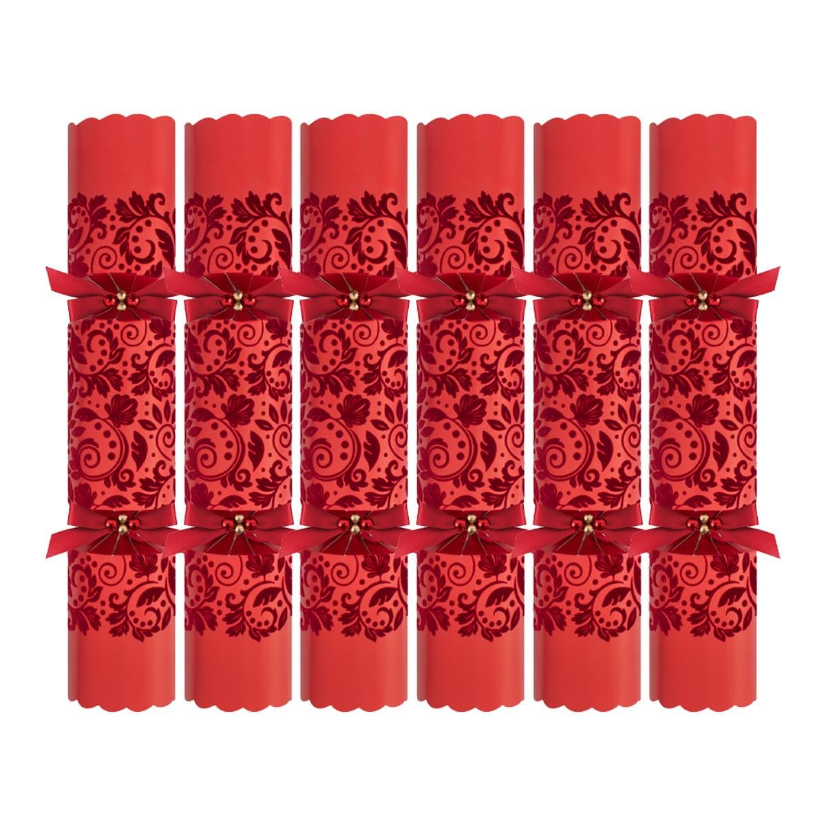 Yöl Red Flock Pack Of 6 Exquisite Flock Red Christmas Crackers - 13.5" Metallic Textured Festive Holly Foliage Xmas Holiday Dinner Table Decorations - Novelty Fun Prizes Gifts Contains Hats Jokes