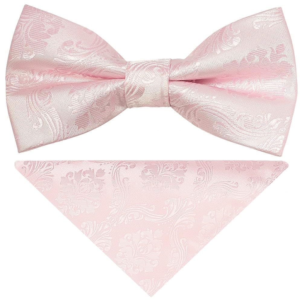 Ties R Us Boys Pink & Blush Pre Tied Blush Pink Paisley Bow Tie And Pocket Square Set