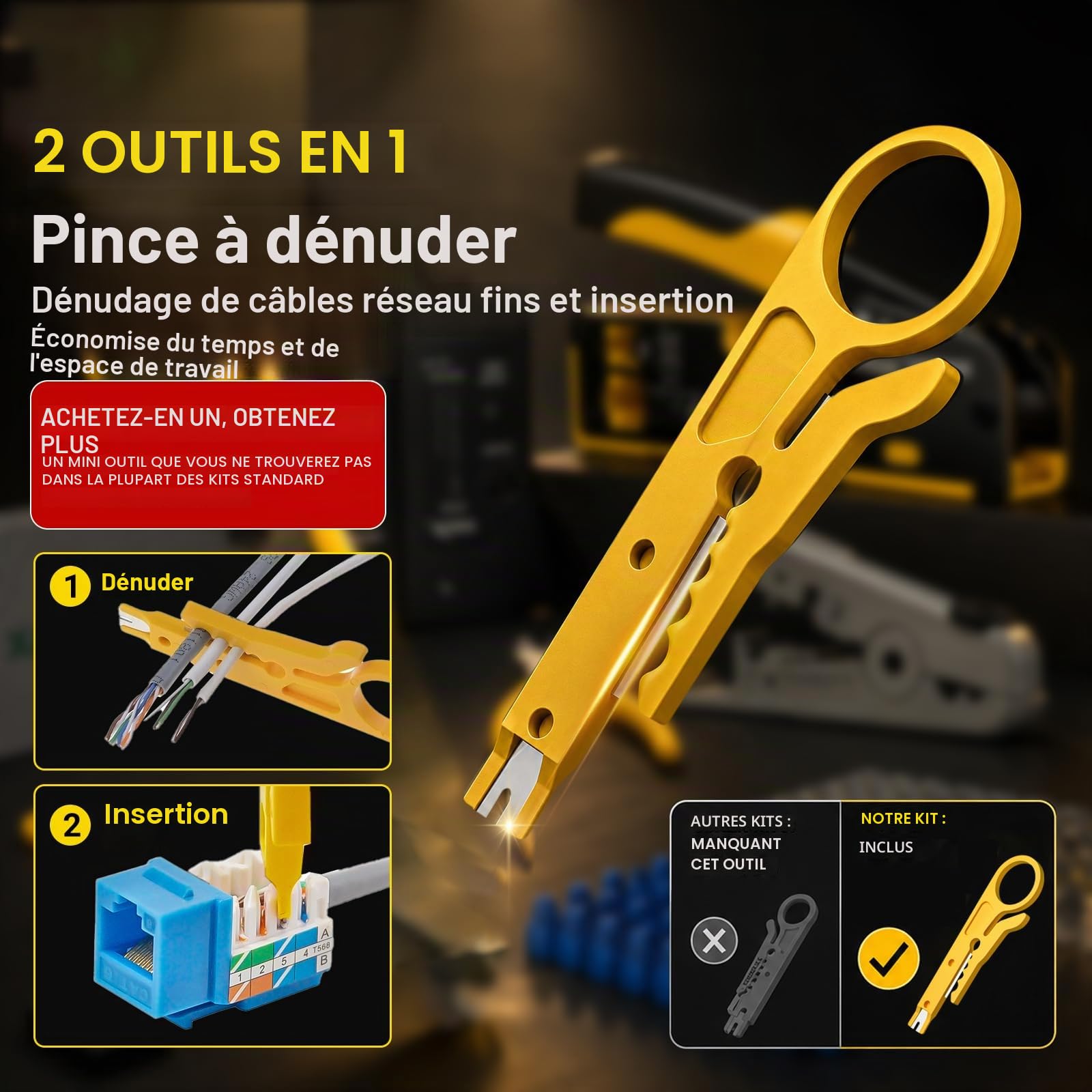 Outil de sertissage Cat7 RJ45, Cat 7, Cat6, Cat5, kit d'outils de sertissage réseau avec testeur de câble, dénudeur multiplié, lames, 50 connecteurs Cat 6 et bottes anti-traction