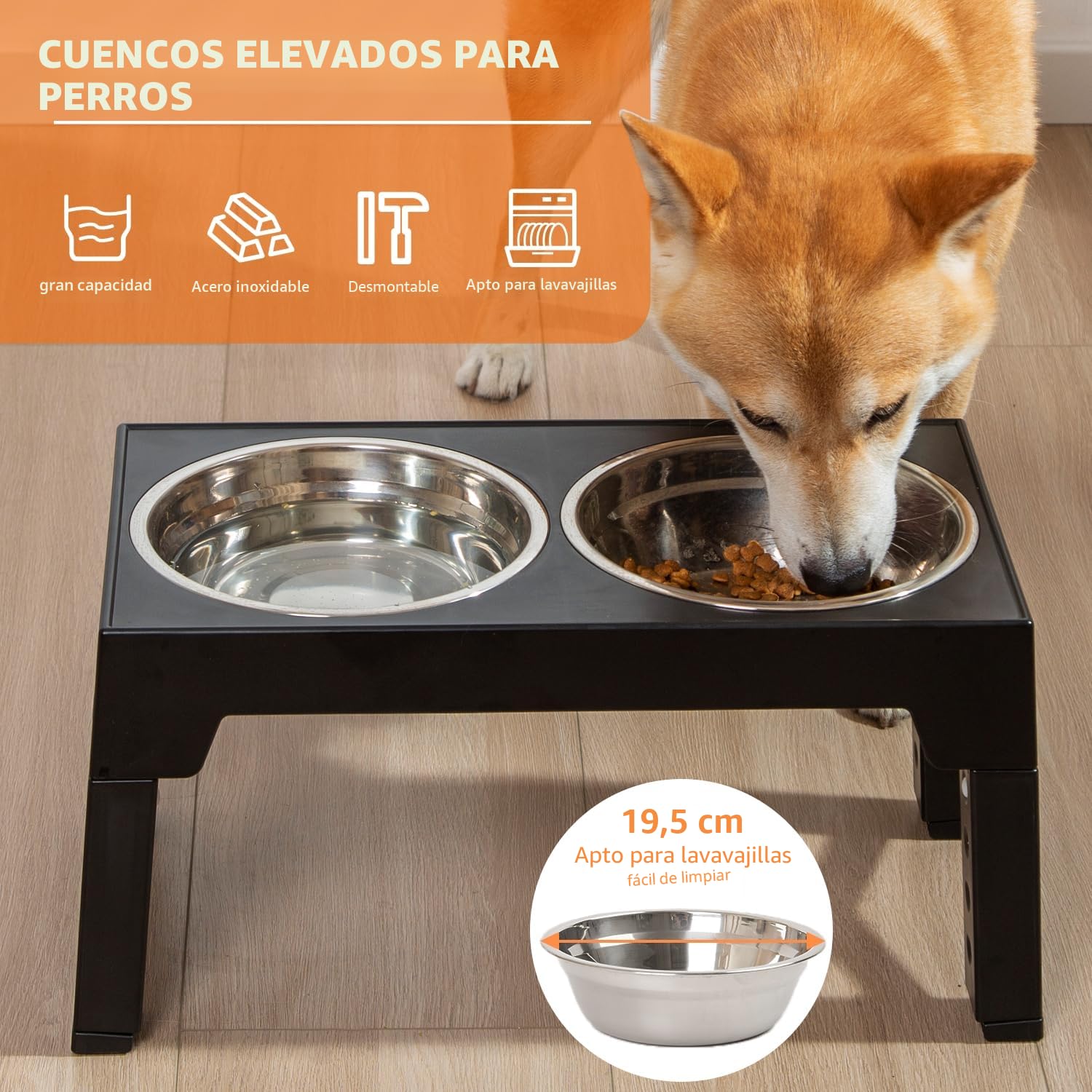 FOREYY Comedero y Bebedero Elevado Ajustable Con 2 Cuencos de Acero Inoxidable 1200ML, 5 Alturas, Antideslizante Para Perros Medianos y Grandes, Negro