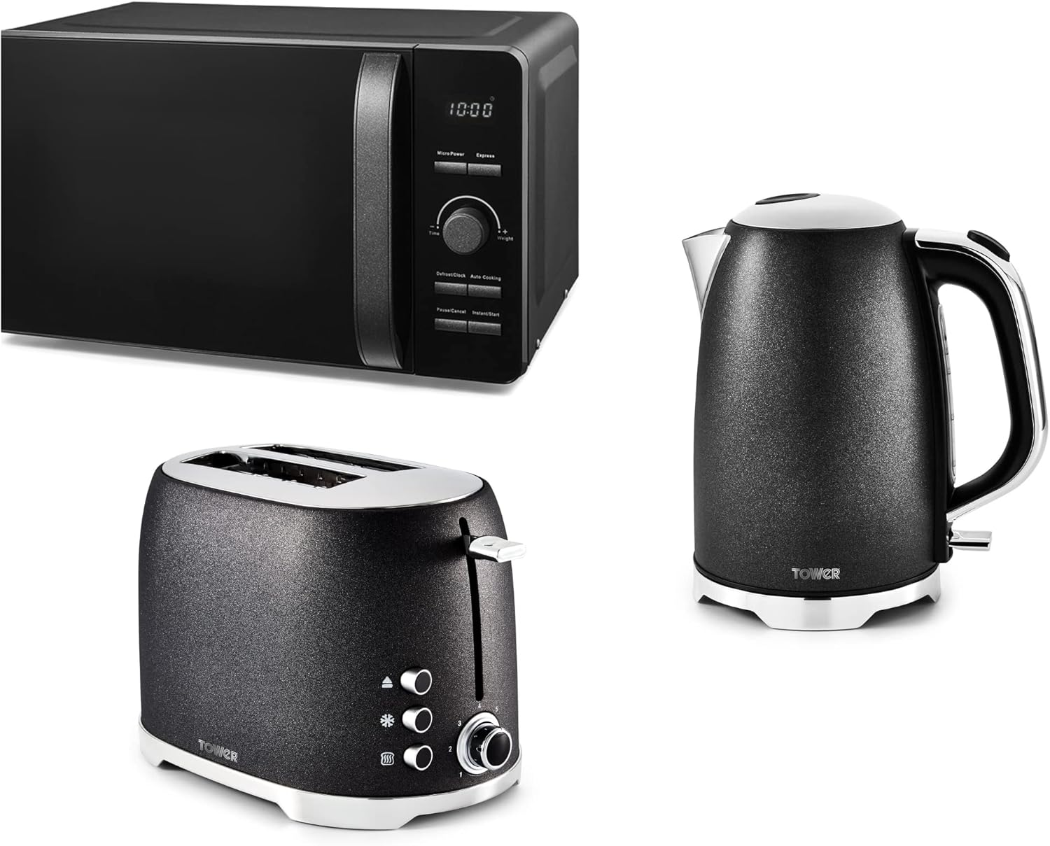 Tower Glitz Noir 3KW 1.7L Jug Kettle, 2 Slice Toaster & 800W 20L