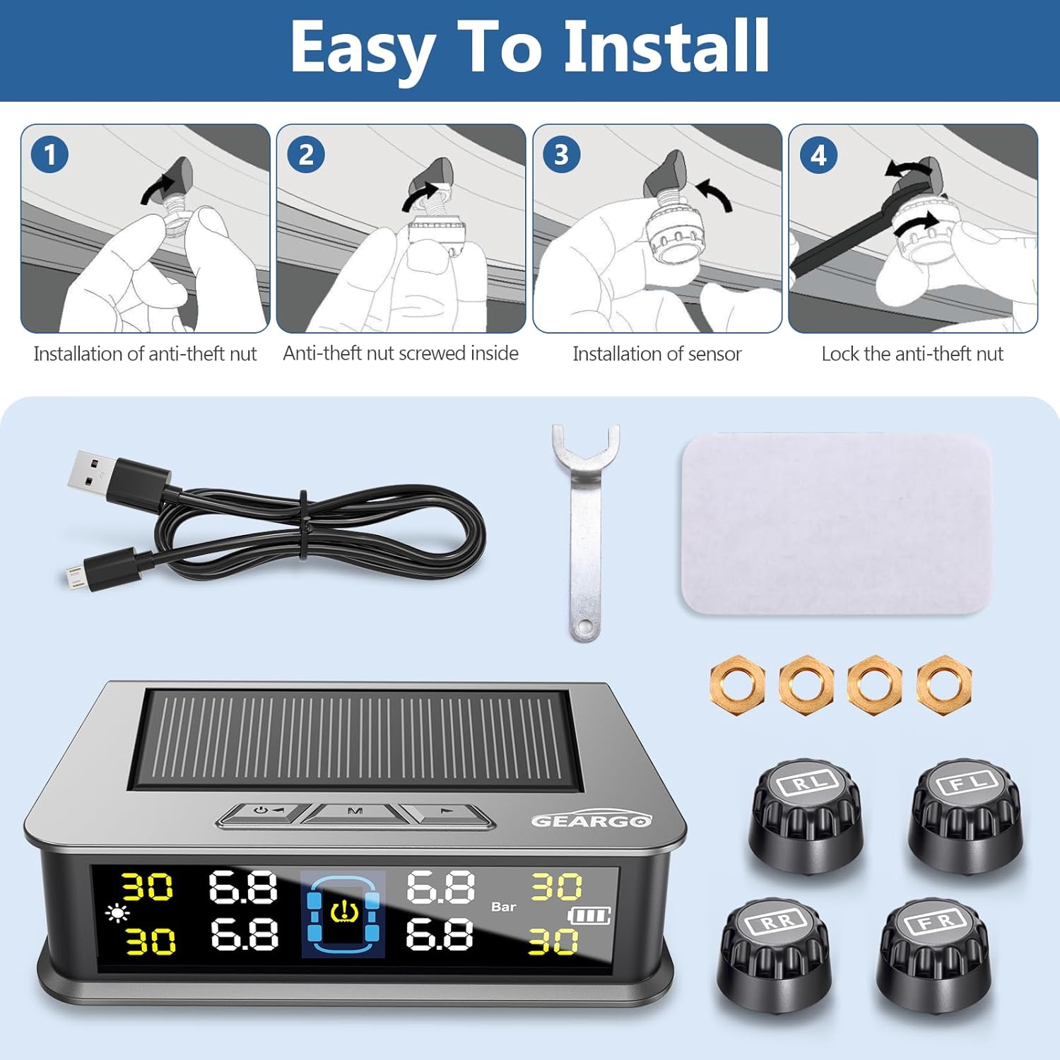 GEARGO TPMS package contents including display, four sensors, USB cable, wrench, and nuts.