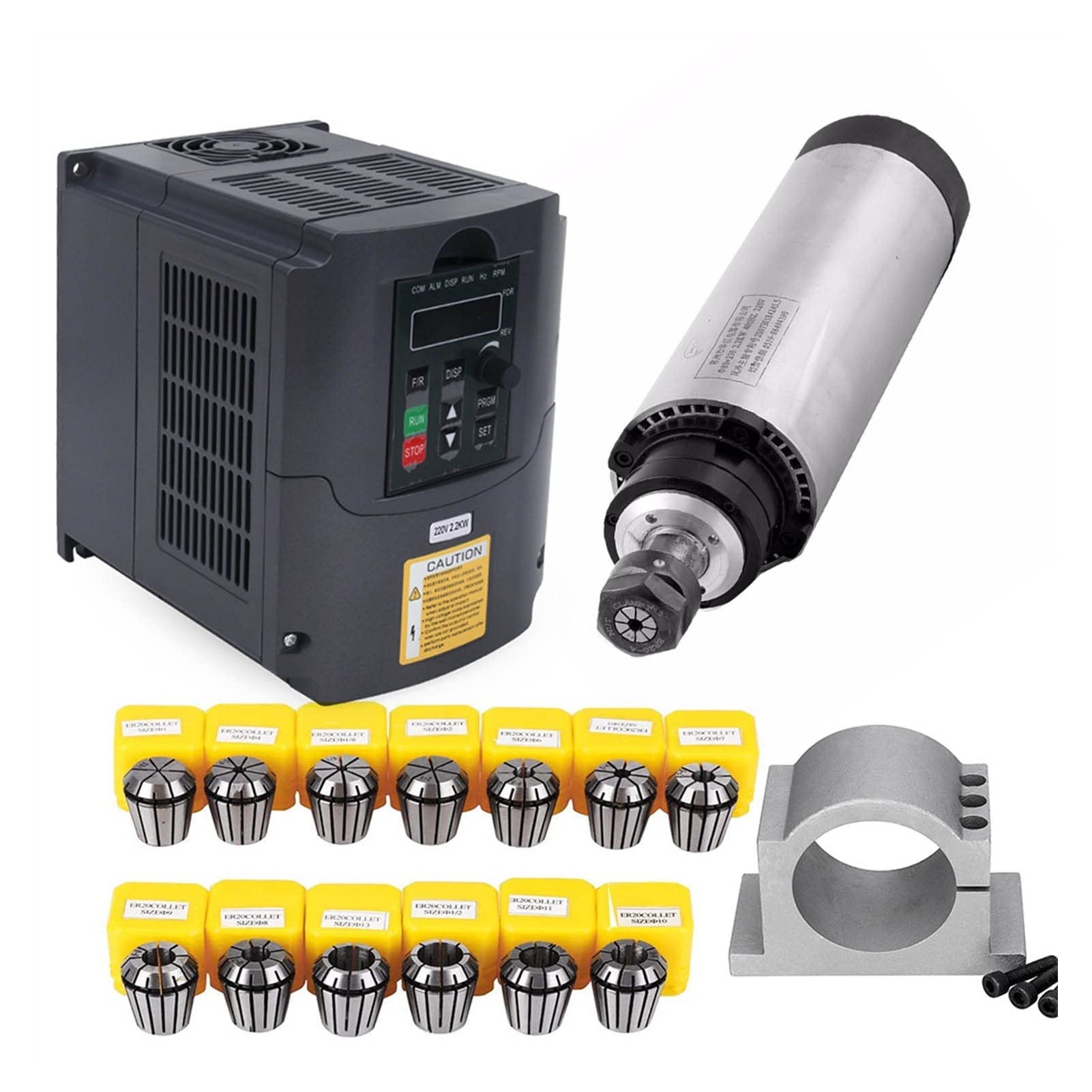 CVFRDD CNC Spindle Motor Kit 2.2KW Air Cooled Spindle Kit CNC Machine Tool Motor + 220 Inveter + 80mm Clamp + 13pcs ER20 Collet