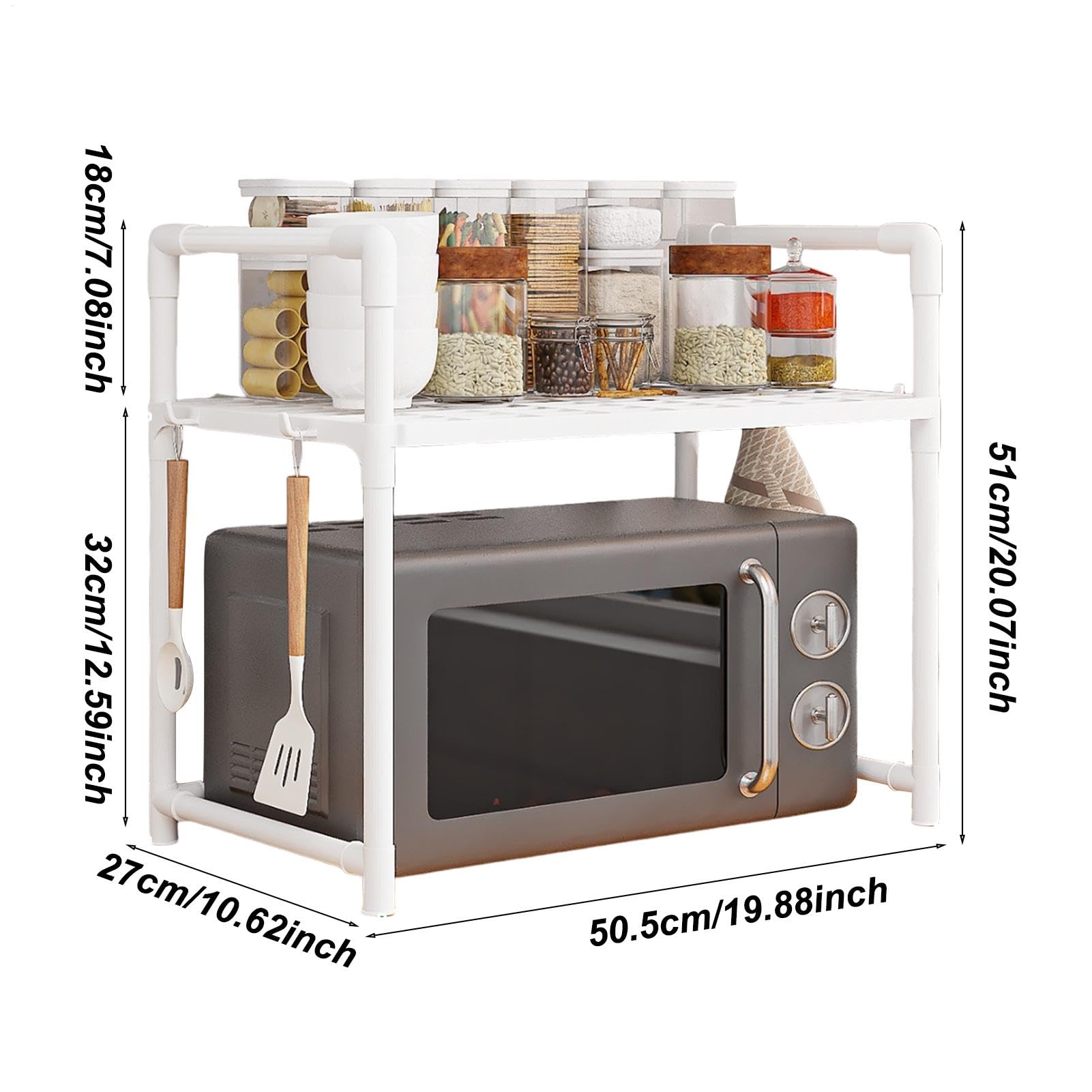 Estante para microondas, estantes de Cocina, Organizador de encimera, Estante de Almacenamiento Ajustable Resistente con Ganchos, estantes de Almacenamiento para ollas y Parrillas para Cocina