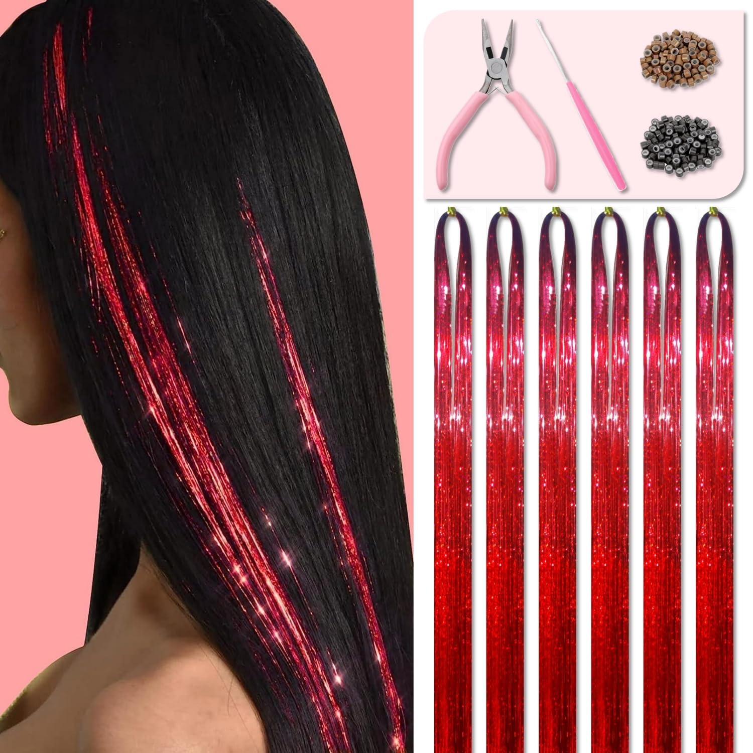 Red Hair Tinsel Kit 48 Inches 1200 Strands with Tools and Instruction Easy to Install Fairy Glitter Tinsel Hair Extensions for Women and Girls，Shinny