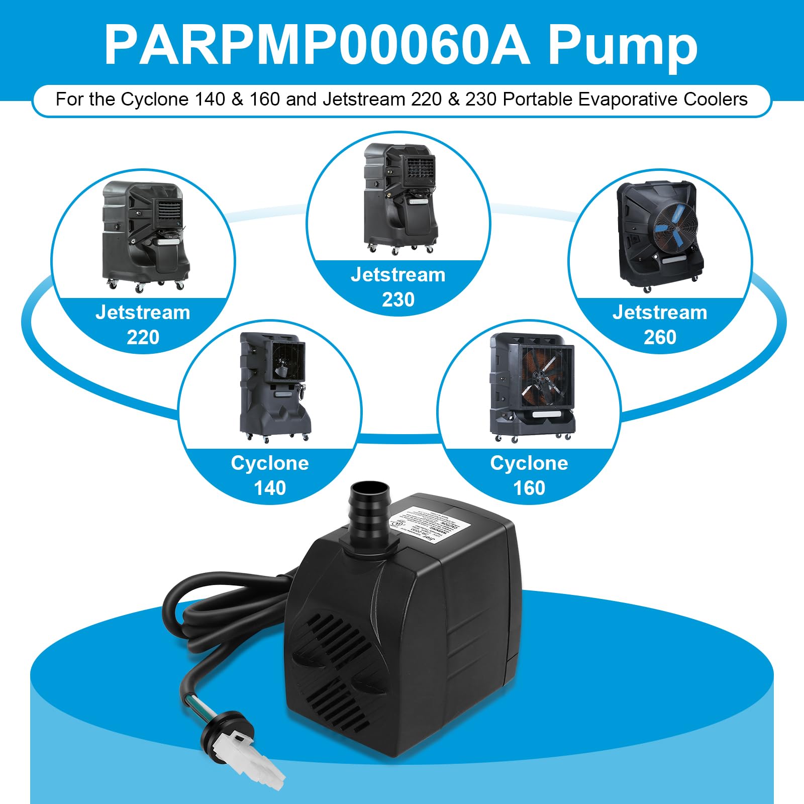 PARPMP00060A Bomba de agua de repuesto para enfriadores evaporativos portátiles Cyclone 140 y 160, Jetstream 220 y 230 - Bomba de accesorios para enfriador evaporativo compatible 5