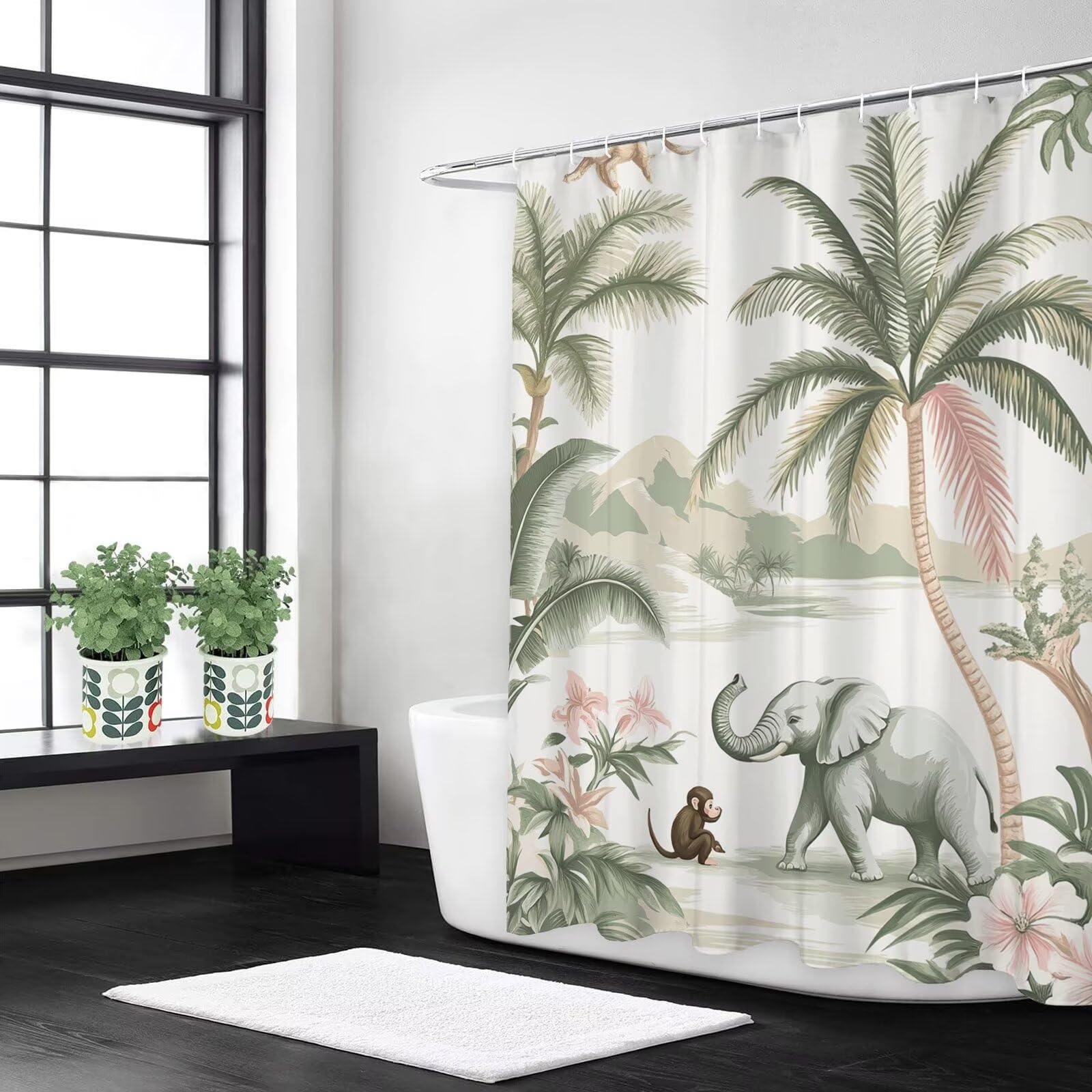 Duschvorhang 200x300 cm Grün, Extra Long Shower Curtain, Wasserabweisend Polyester Stoff, Waschbar Duschvorhänge mit 12 Plastik Ringe für Badezimmer & Nasszelle, Badewanne Gardinen Elefant, L#287