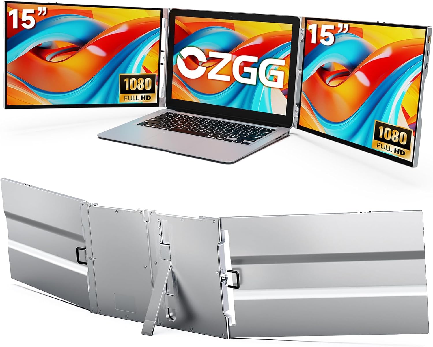 15'' Portable Laptop Screen Extender - Triple Monitor Setup, Dual 1080P FHD Displays, Aluminum Travel Monitor Multi Screen Attachment for 13.3-16.5'' Laptop with USB-C HDMI