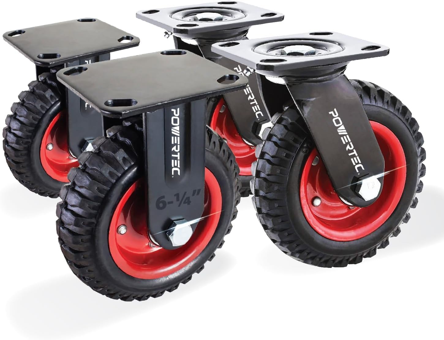 POWERTEC 6 Inch Caster Wheels Set of 4 (2 Swivel & 2 Fixed), Heavy Duty Casters w/Rubber Knobby Tread for Workbench, Dolly, Cart, Trolley, Wagon and Chicken Coop, Large Rubber Castor Wheels (17054V) 6 inch, 4PK