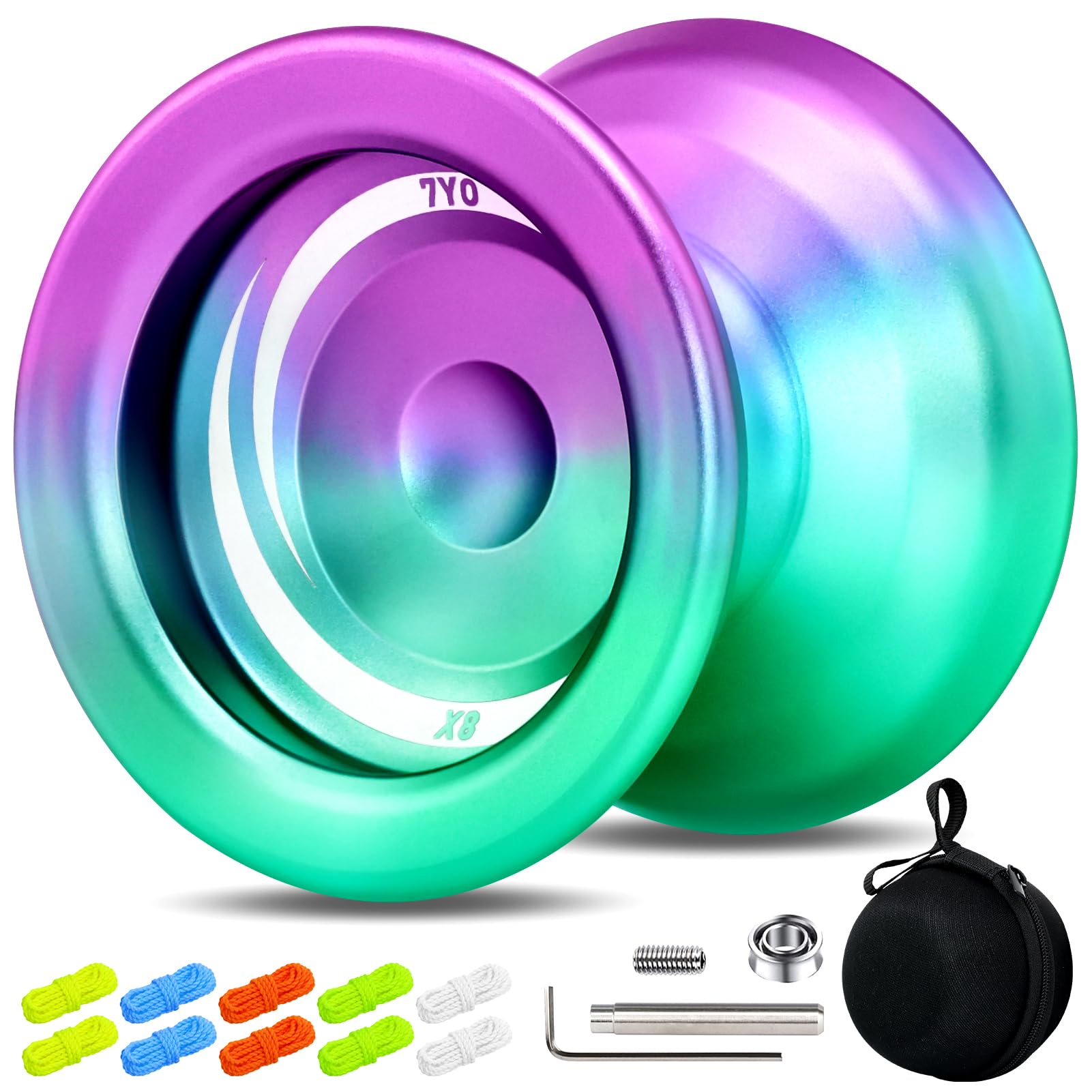 7YO X8 Professional Yoyo for Kids, Metal Yoyo with Dual Function, Responsive Yo-Yo Switch to Unresponsive Yo Yo with 10 Strings, Storage Bag, Bearing Removal Tool (Green Purple)