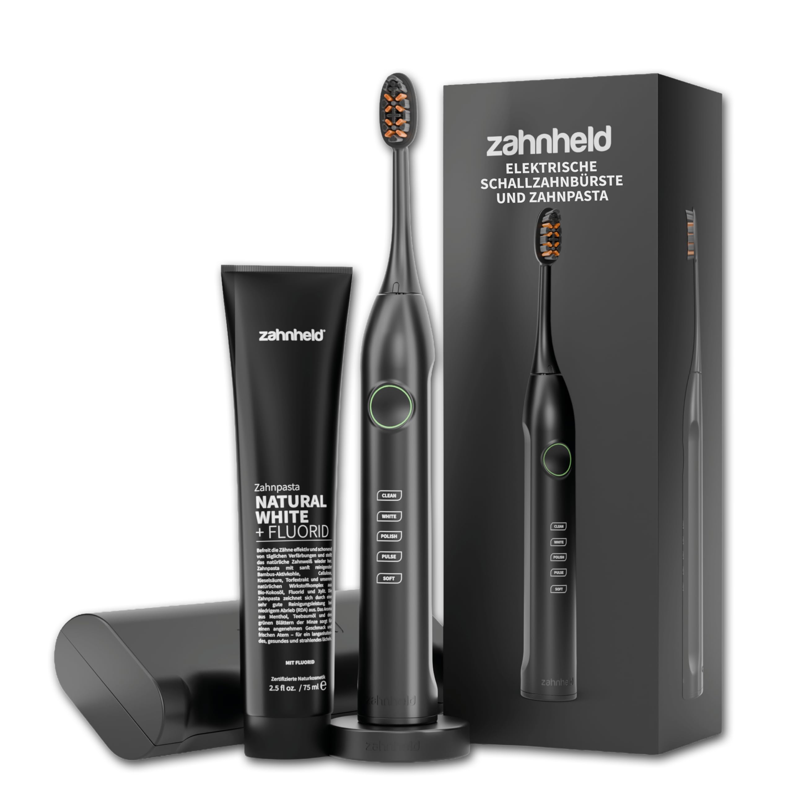 Zahnheld Schallzahnbürste Gero G3 inkl. Zahnpasta, Bürstenkopf, Schwarz | Elektrische Zahnbürste zur Zahnreinigung & Zahnpflege, Whitening-Effekt, Akkulaufzeit, 5 Putzmodi, Sensor & Timer, Reiseetui