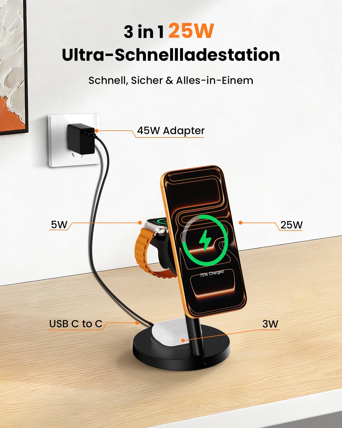 JoyGeek Stazione di ricarica 4 in 1 QI2.2 25 W compatibile con iPhone 17 16, caricatore magnetico per MagSafe, supporto da scrivania per Apple e Samsung Watch, con spina da 45 W