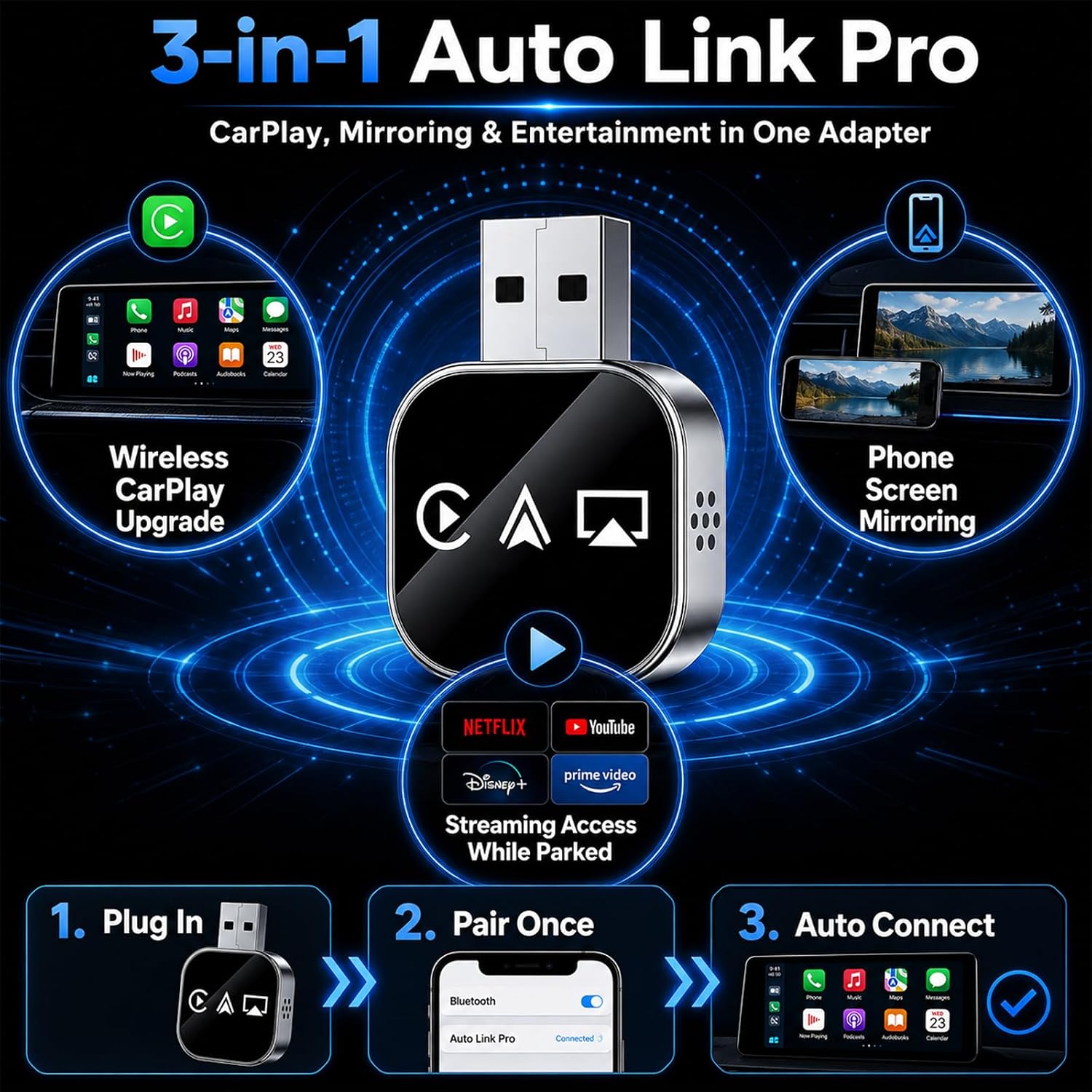 Car Accessories Bluetooth for Apple Carplay Adapter Wireless Mirroring to Watch TV on Screen Play Streaming Device Movies Mirror Phone Auto Link Pro 2026 3 in 1 USB Vehicle for iPhone