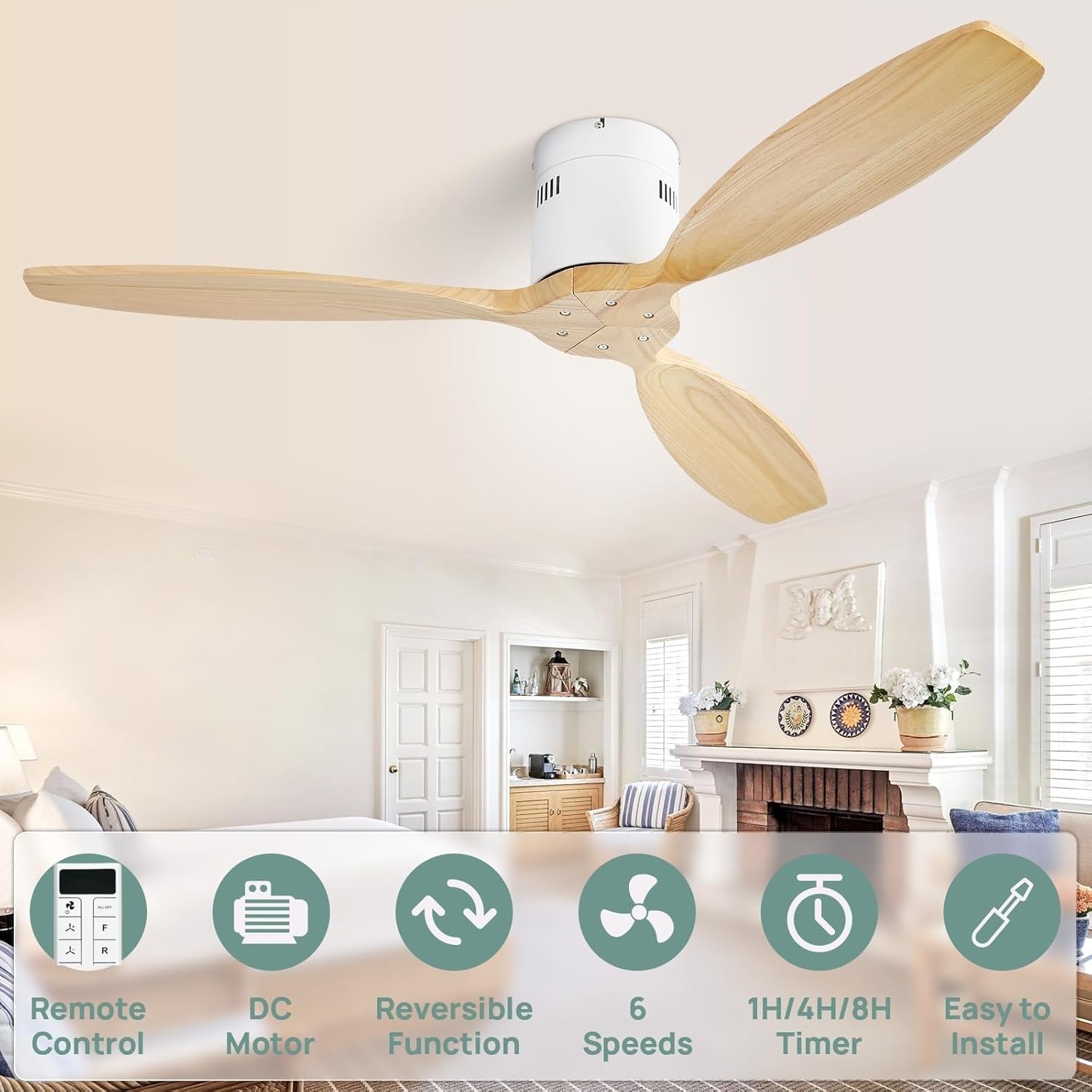 Sofucor 52 Inch Smart Ceiling Fan Without Light Flush Mount Solid Wood Ceiling Fan with Alexa/Google/APP/Remote Control-Modern Outdoor Ceiling Fans No Light for Bedroom/Patio/Indoor,Natural Wood&White