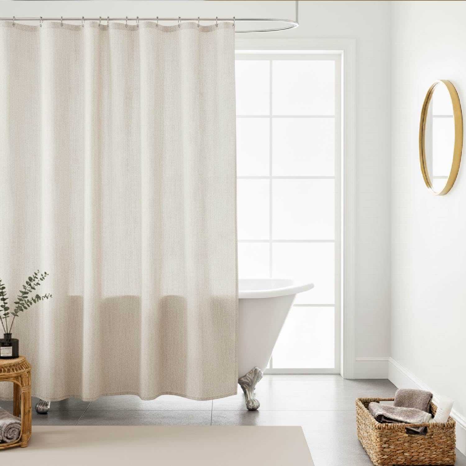 WELTRXE Linen Shower Curtain, Fabric Shower Curtain Set, Rustic Bathroom Decor, Heavy Duty Fabric Water Repellent with 12 Rust-Proof Metal Hooks, for Bathroom Hotel Bathtub, Beige, 72x72 Inch