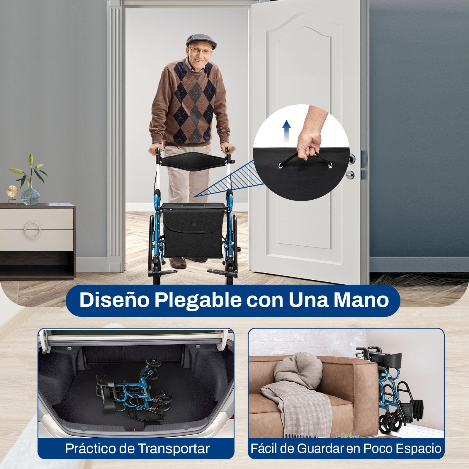 FANTASK Andador con asiento, plegable y ligero, plegable y ligero, 6 alturas ajustables, de aluminio, con bolsa, freno y soporte para bastones, para personas mayores (azul)