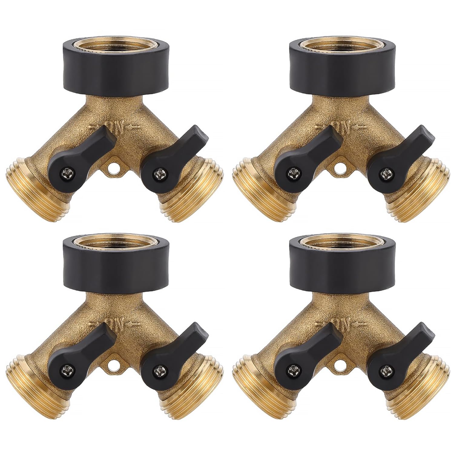 4Pack 3/4'' Brass Manifold Tap Adaptor, 2 Way Tap Garden Hose Splitter, Irrigation Hose Outside Tap Adaptor, Connectors-Two Way Brass Tap Manifold Y Style with Individual On/Off Valves