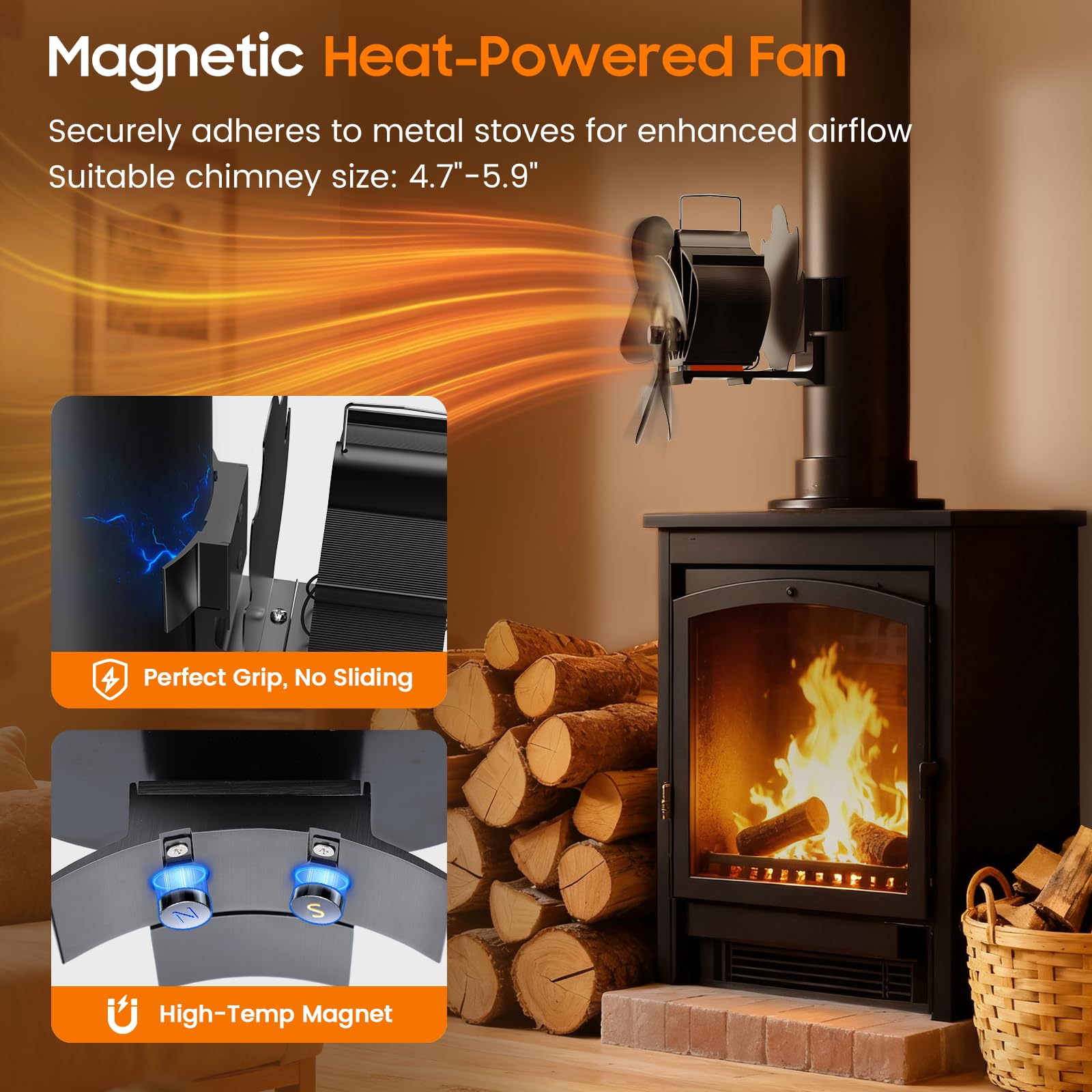 BOBEN Ventola magnetica per stufa a legna con termometro, ventola riscaldata per stufe a legna, 5 pale, ventola di calore silenziosa, base magnetica e protezione dalla temperatura