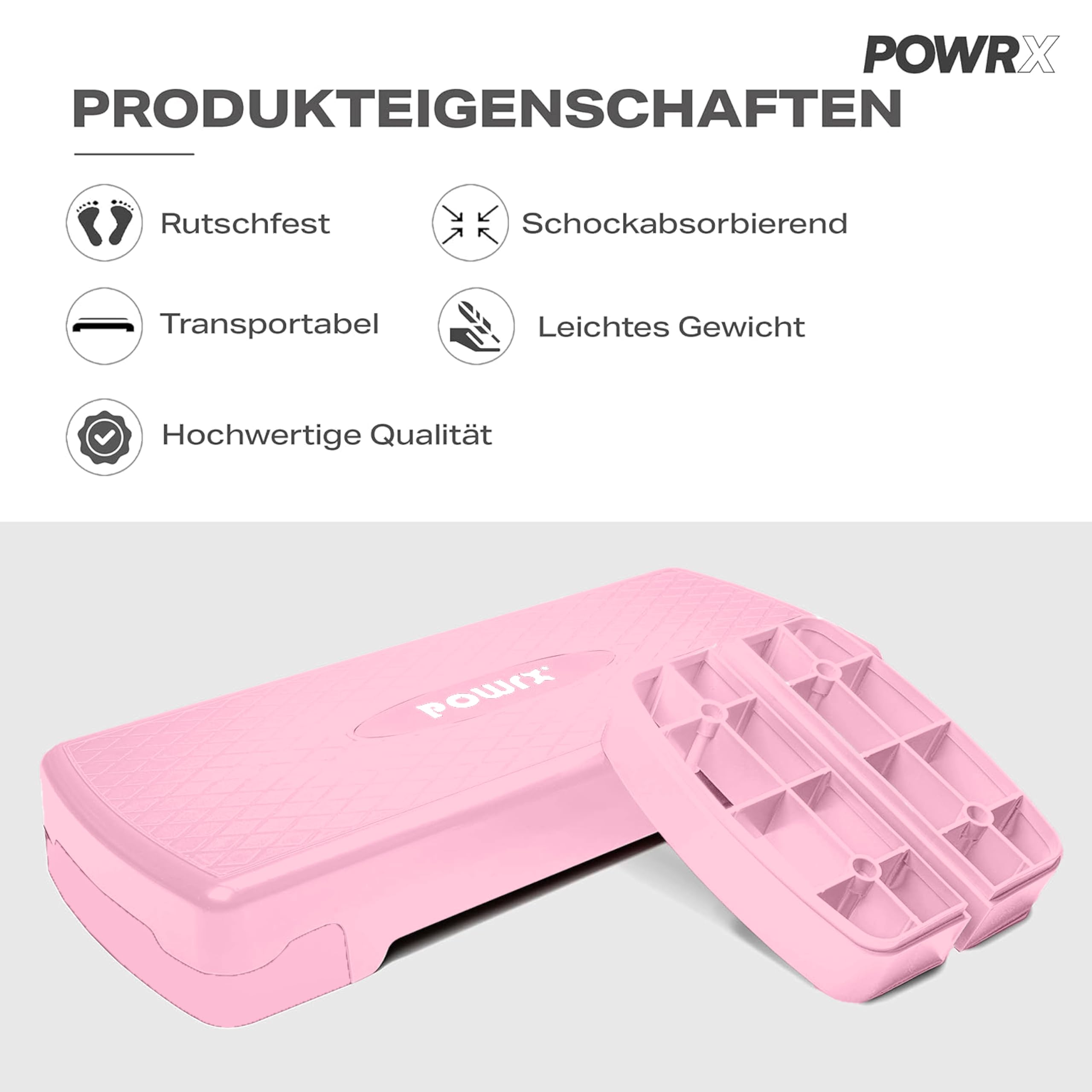 POWRX Step Board d'aérobic Step Board - Hauteur réglable - Appareil de fitness pour la maison - Step Aerobic Board avec tapis antidérapant - Convient pour tous les âges - 68 x 28 cm - Rose